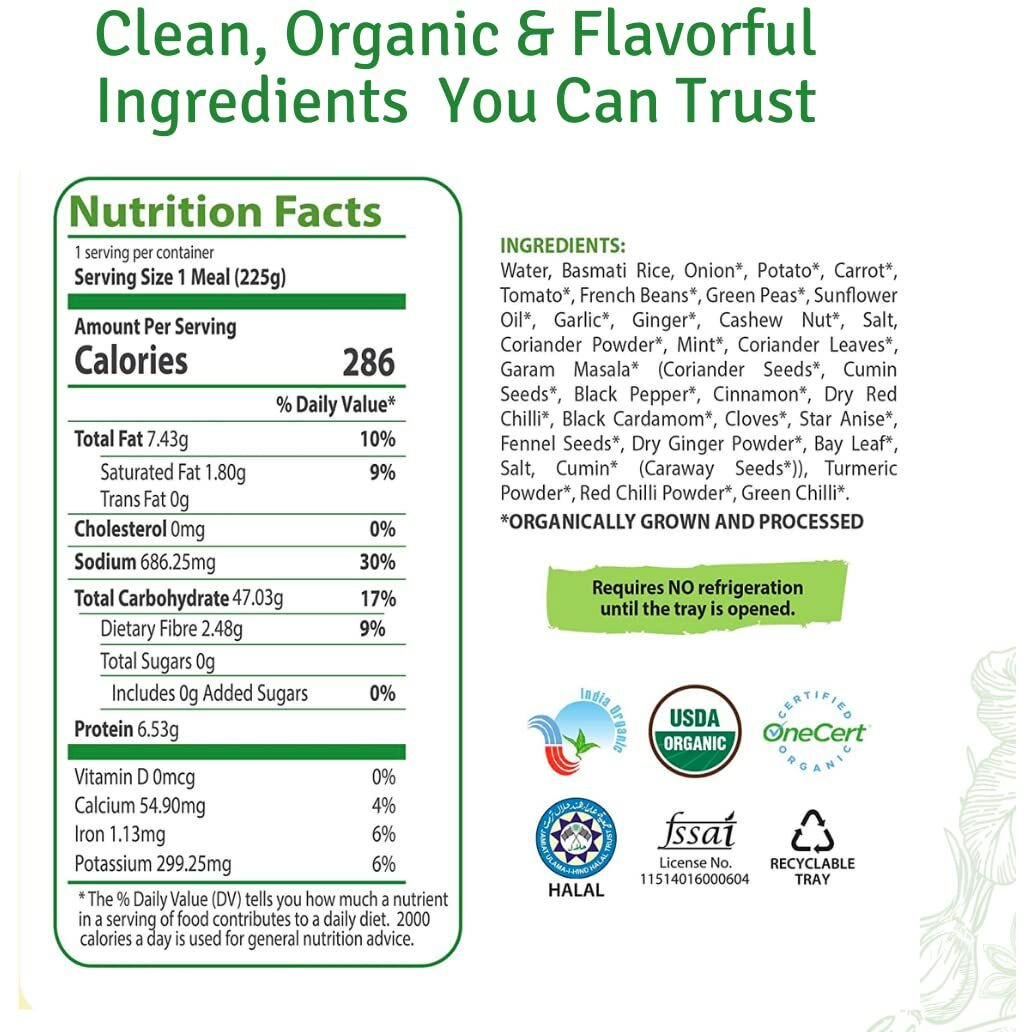 Food Earth Ready To Eat Indian Cuisine - Vegetable Biryani Meal - Microwavable, Pre-Packaged & Lunchable - Organic, Vegan, Gluten-Free, Gmo-Free, Plant-Based - 8.81 Oz Each -Pack Of 6