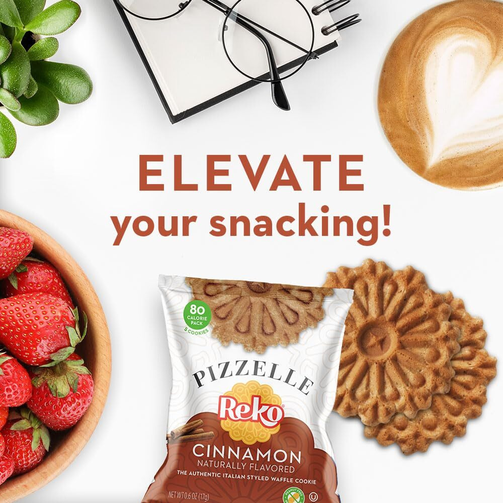 Reko Pizzelle Waffle Cookies, Individually Wrapped Single Serve Snack Packs - Italian Cookies With No Artificial Flavors, Colors Or Preservatives - 5 Cookies Per Pack, Box Of 12 - Cinnamon