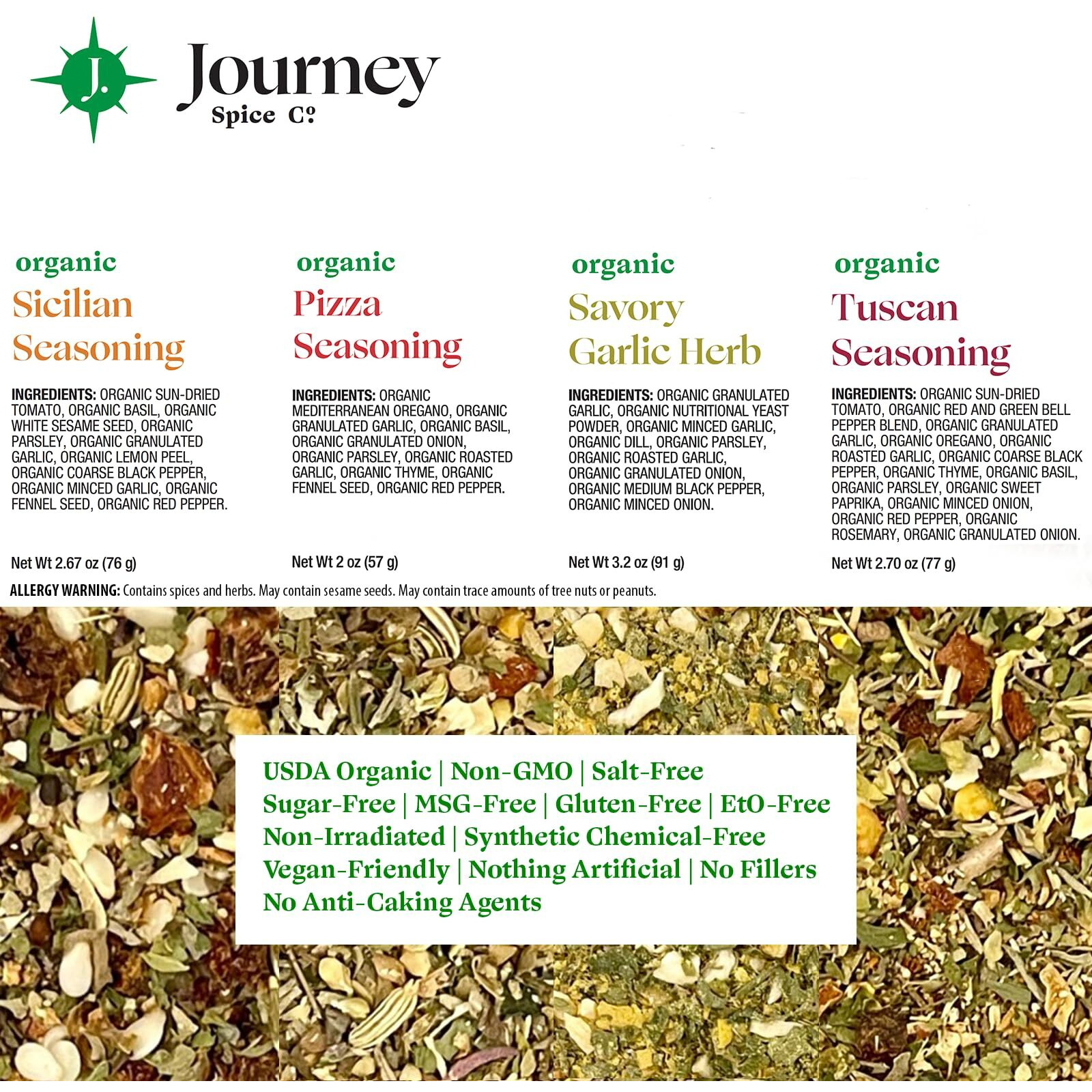 Gourmet Organic Italian Spice And Seasoning Gift Set By Journey Spice Co. | Salt-Free | Pizza Seasoning | Tuscan, Sicilian, Savory Garlic Herb