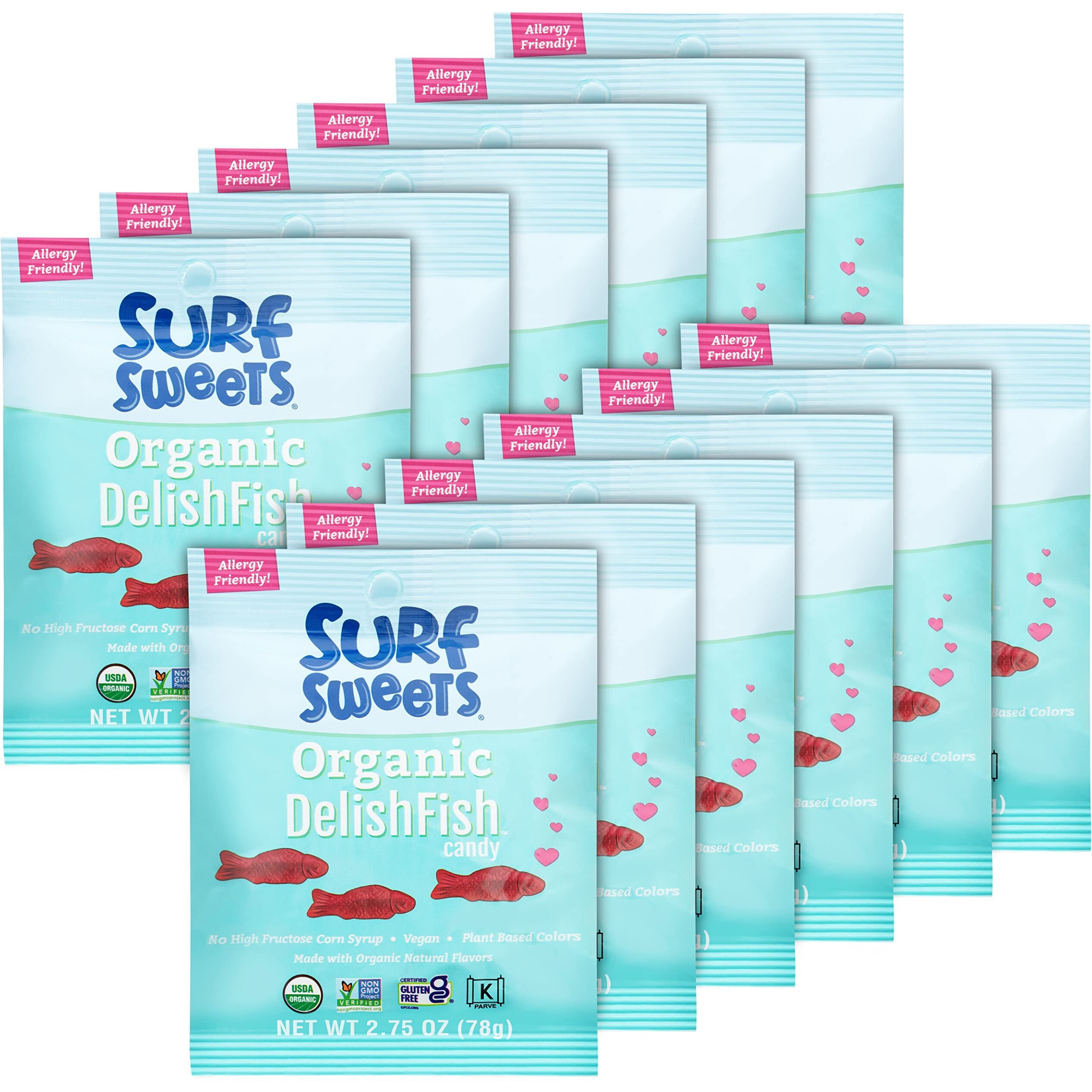 Surf Sweets Organic Delishfish Candy - Sweet Vegan Candy Fish, Gluten Free Snack For Kids And Adults, Kosher, Raspberry Fruit Flavor, Sweetened With Organic Cane Sugar - 2.75 Oz Bag (Pack Of 12)