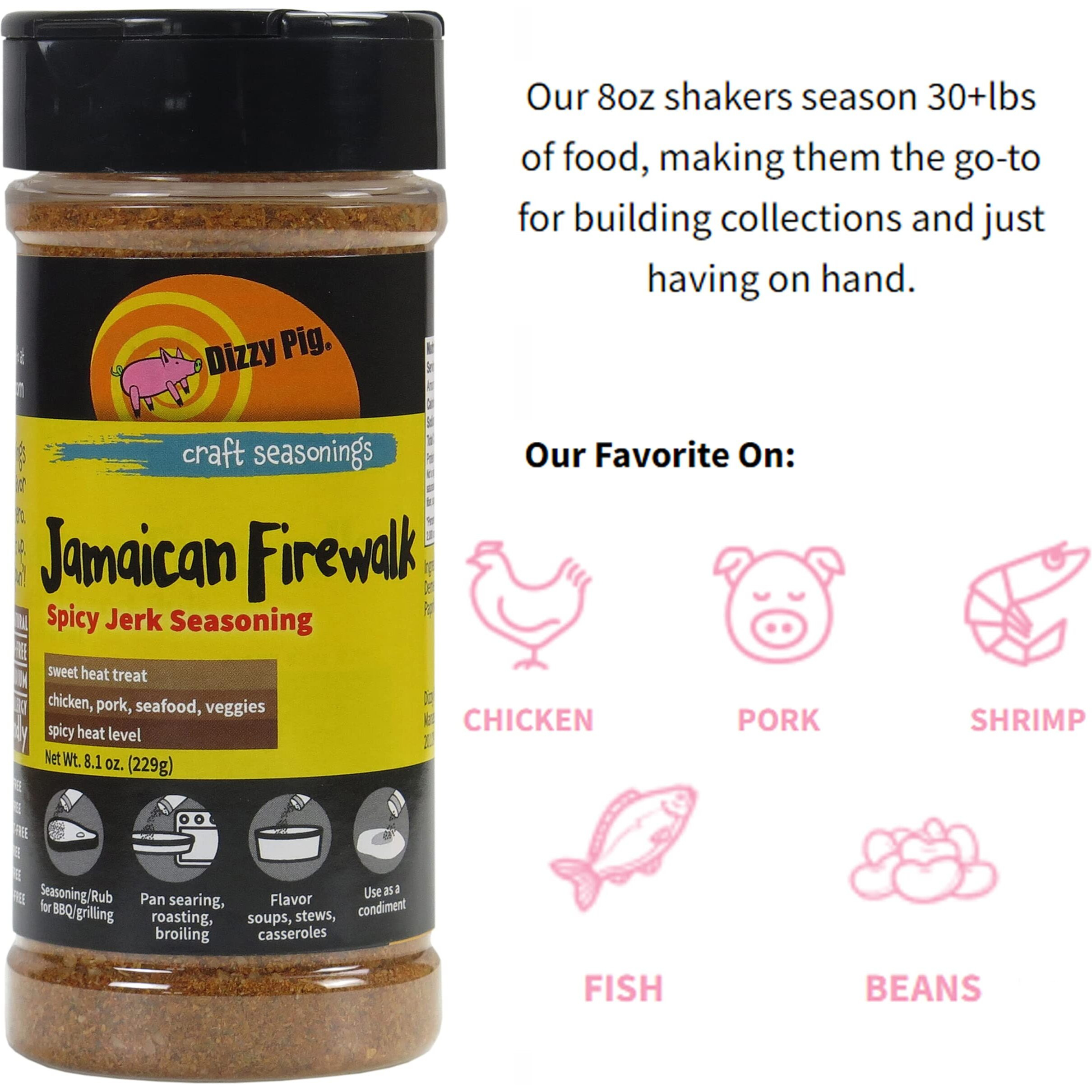 Dizzy Pig Jamaican Firewalk Spicy Jerk Seasoning Rub (8Oz Shaker) - Seasons 30+Lbs Of Food - Hand Made In The Usa - Msg Free, Gluten Free
