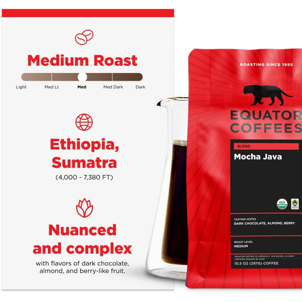 Equator Coffees, Mocha Java Blend, Organic Ground Coffee, Medium Dark Roast, Fresh Roasted, Dark Chocolate & Berry Flavor Notes, Sustainable And Fair Trade Certified, 10.5 Oz Bag