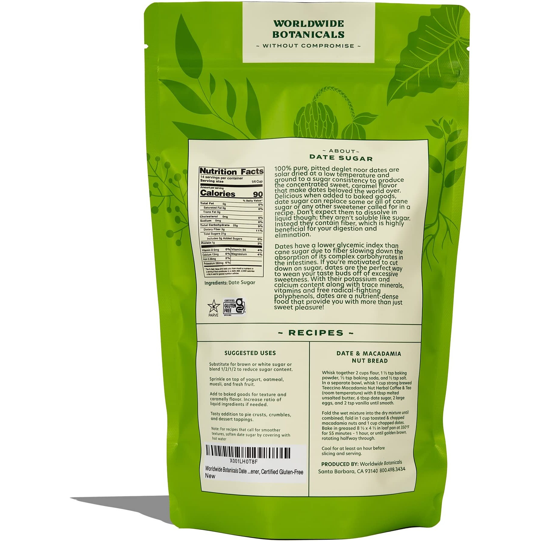 Worldwide Botanicals Date Sugar - 100% Pure Dried Dates, Natural Whole Food Sweetener, Gluten-Free, Granular, 1 Pound