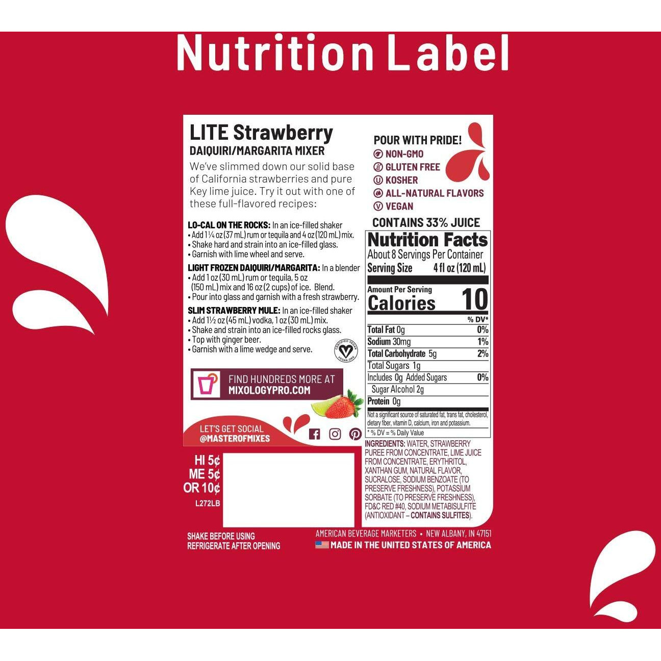 Master Of Mixes Strawberry Daiquiri/Margarita Lite Drink Mix, Ready To Use, 1 Liter Bottle (33.8 Fl Oz), Pack Of 3