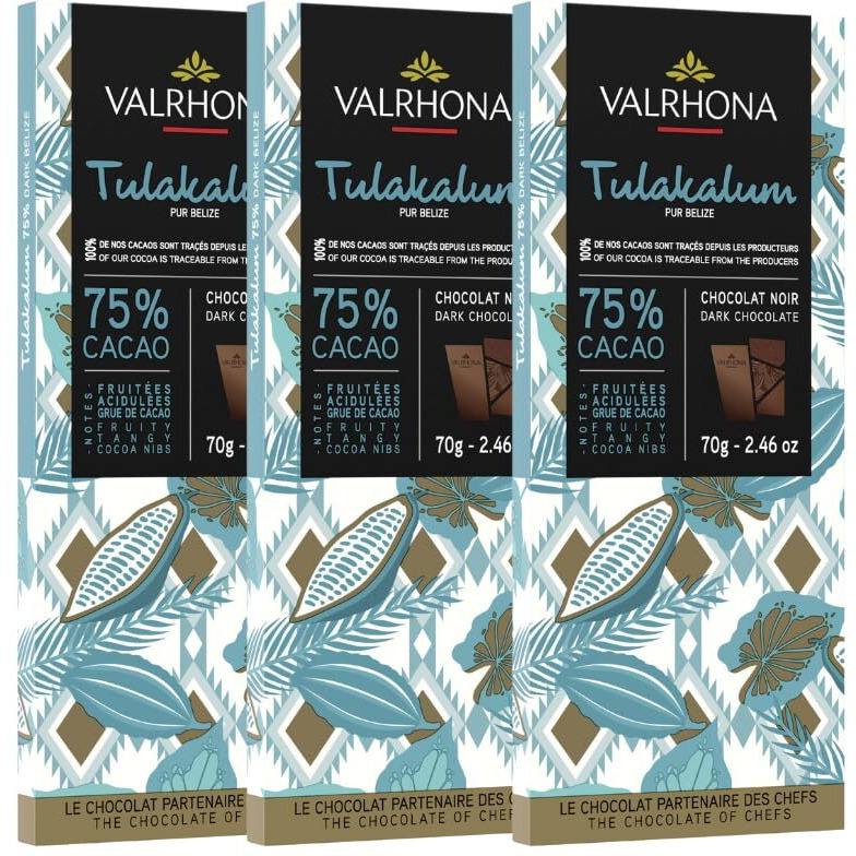 Valrhona Premium Dark Chocolate Tulakalum 75% Cacao Tasting Bars-Single Origin Belize Gourmet French Chocolate Perfect For Baking & Frostings, Cookies, Cakes, & Brownies. Kosher, 70G (Pack Of 3)