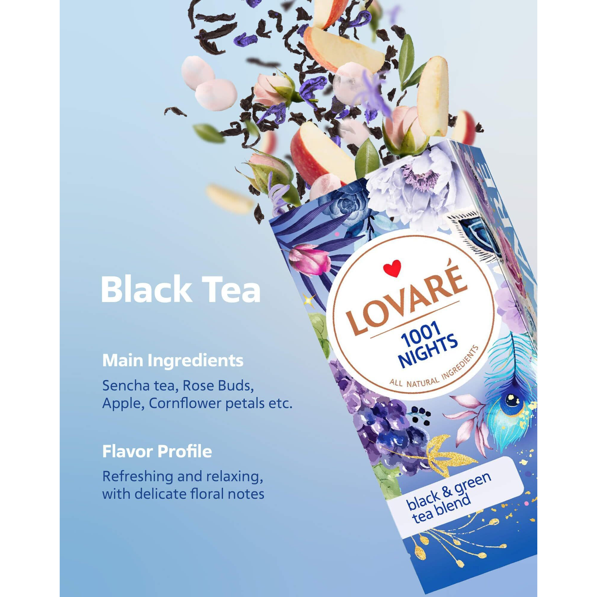Lovare 1001 Nights Tea Bags 48 G - Made In Ukraine - Classic Black And Sencha Green Flavored Tea Blend - Tea Bags Individually Wrapped - Gift Box Sets For Tea Lovers (24 Tea Bags X 2 G Each)