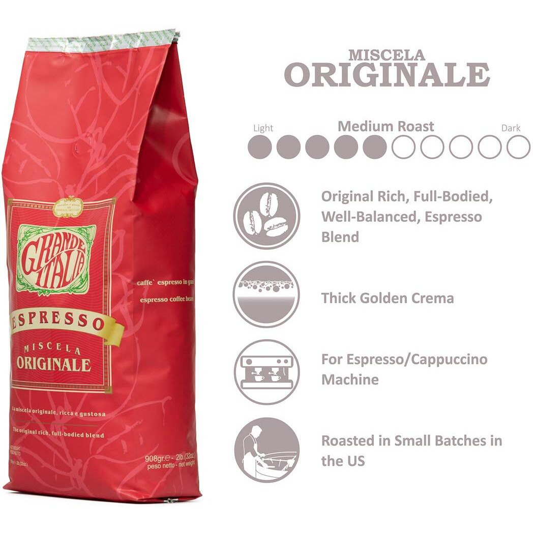 Grande Italia Espresso Small Batch Artisan Roasted Originale, Medium Roast (2Lb Bag, Pack Of 2)