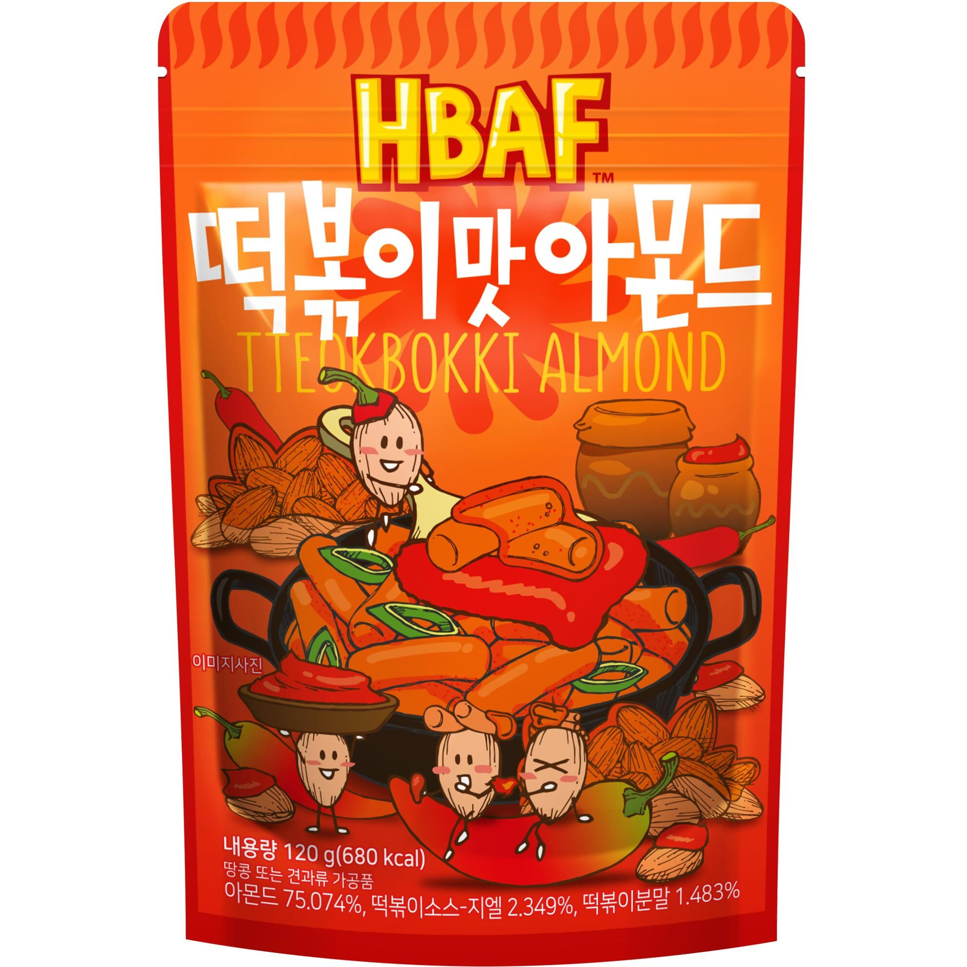 [Official Gilim Hbaf] Korean Seasoned Spicy Tteokbokki Almonds Nut Snack, Korean Rice Cake Chili Sauce | School, Work, Travel Snack | Pre-Workout Snack | Asian Snacks (Toppoki, 1 X 120 Gram Pack)