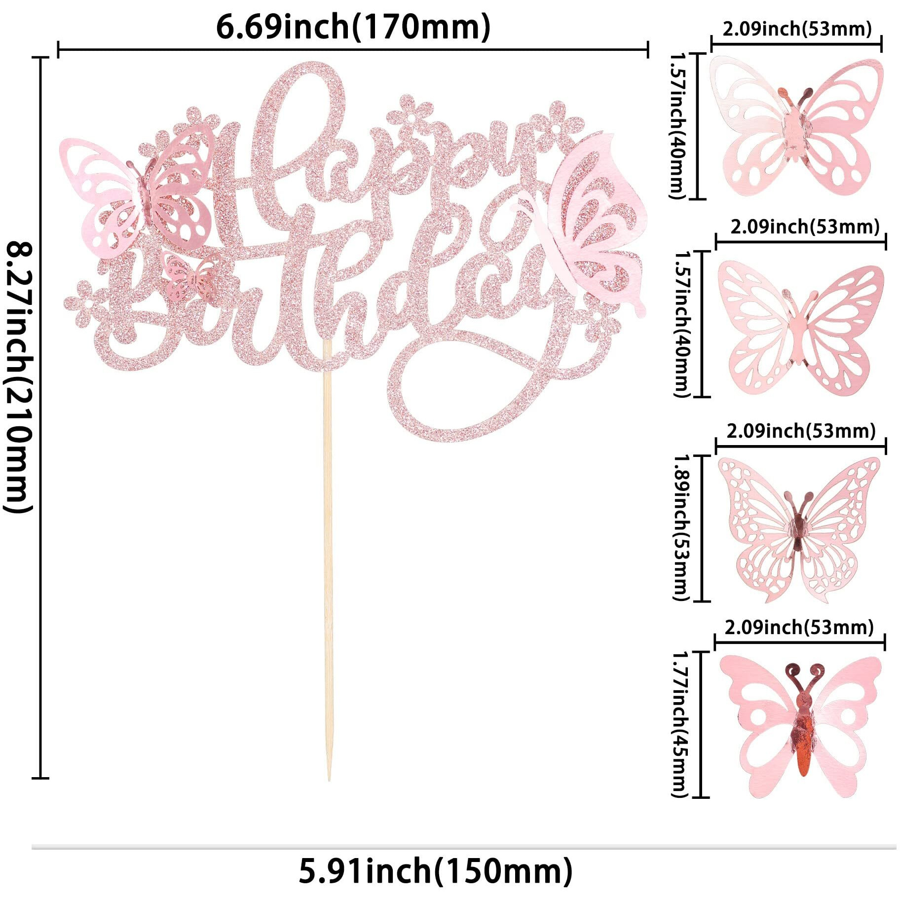 25Pcs Butterfly Cake Toppers Happy Birthday Cake Topper 3D Butterfly Birthday Cake Decorations For Baby Shower Birthday Cake Decorations Butterfly Party Supplies Rose Gold