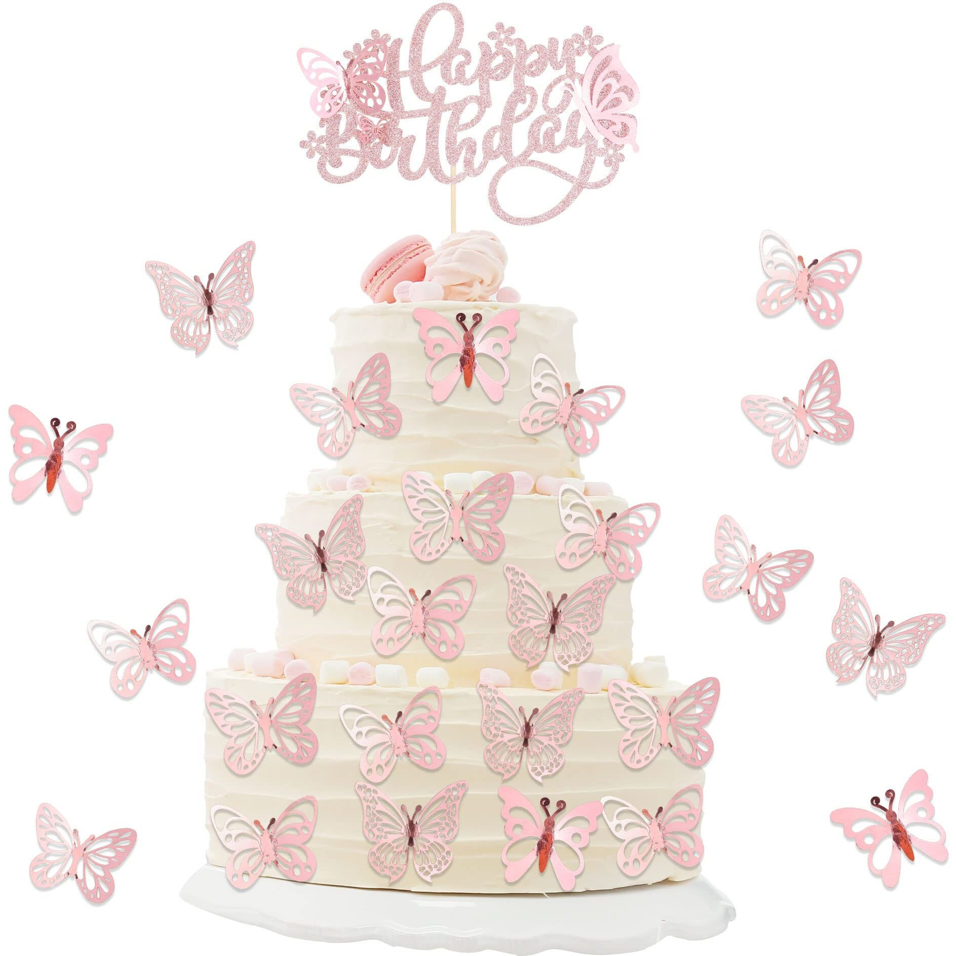 25Pcs Butterfly Cake Toppers Happy Birthday Cake Topper 3D Butterfly Birthday Cake Decorations For Baby Shower Birthday Cake Decorations Butterfly Party Supplies Rose Gold