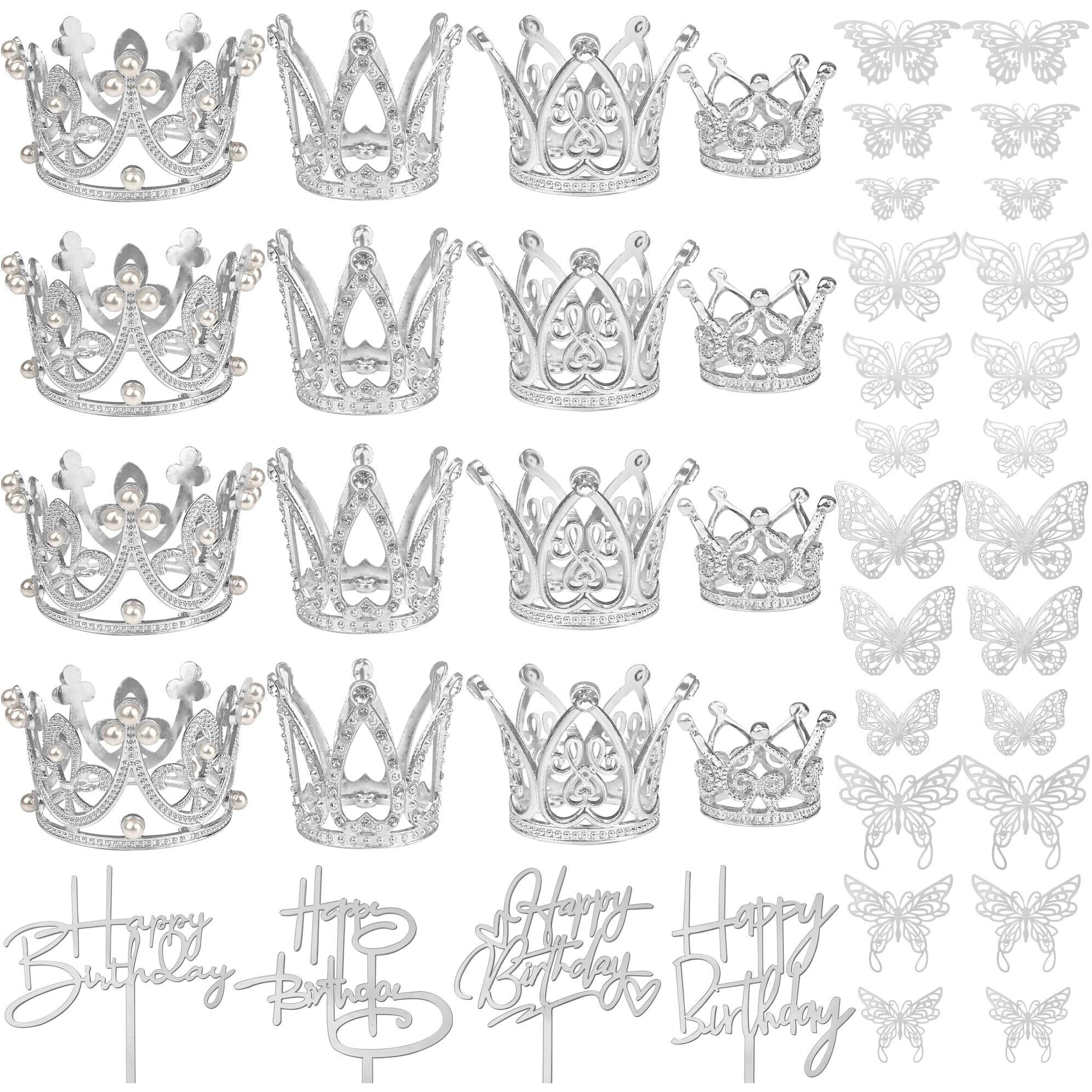 44 Pcs Silver Crown Cake Decoration 16 Pcs Mini Crown Tiny Crown With 24 Pcs Butterfly Wall Decors And 4 Pcs Birthday Cake Topper For Women Girl Crown Birthday Party Wedding Cake Decor