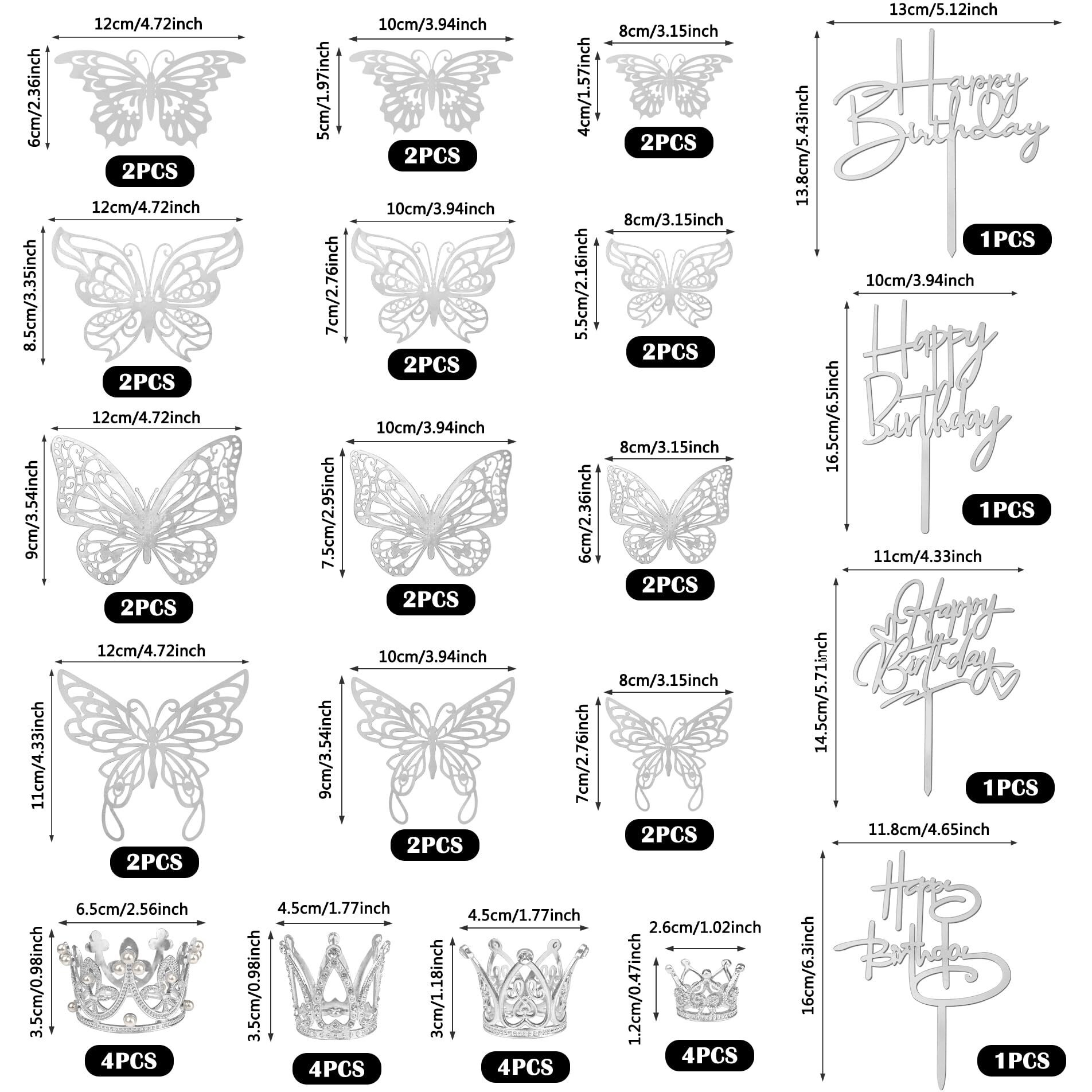 44 Pcs Silver Crown Cake Decoration 16 Pcs Mini Crown Tiny Crown With 24 Pcs Butterfly Wall Decors And 4 Pcs Birthday Cake Topper For Women Girl Crown Birthday Party Wedding Cake Decor