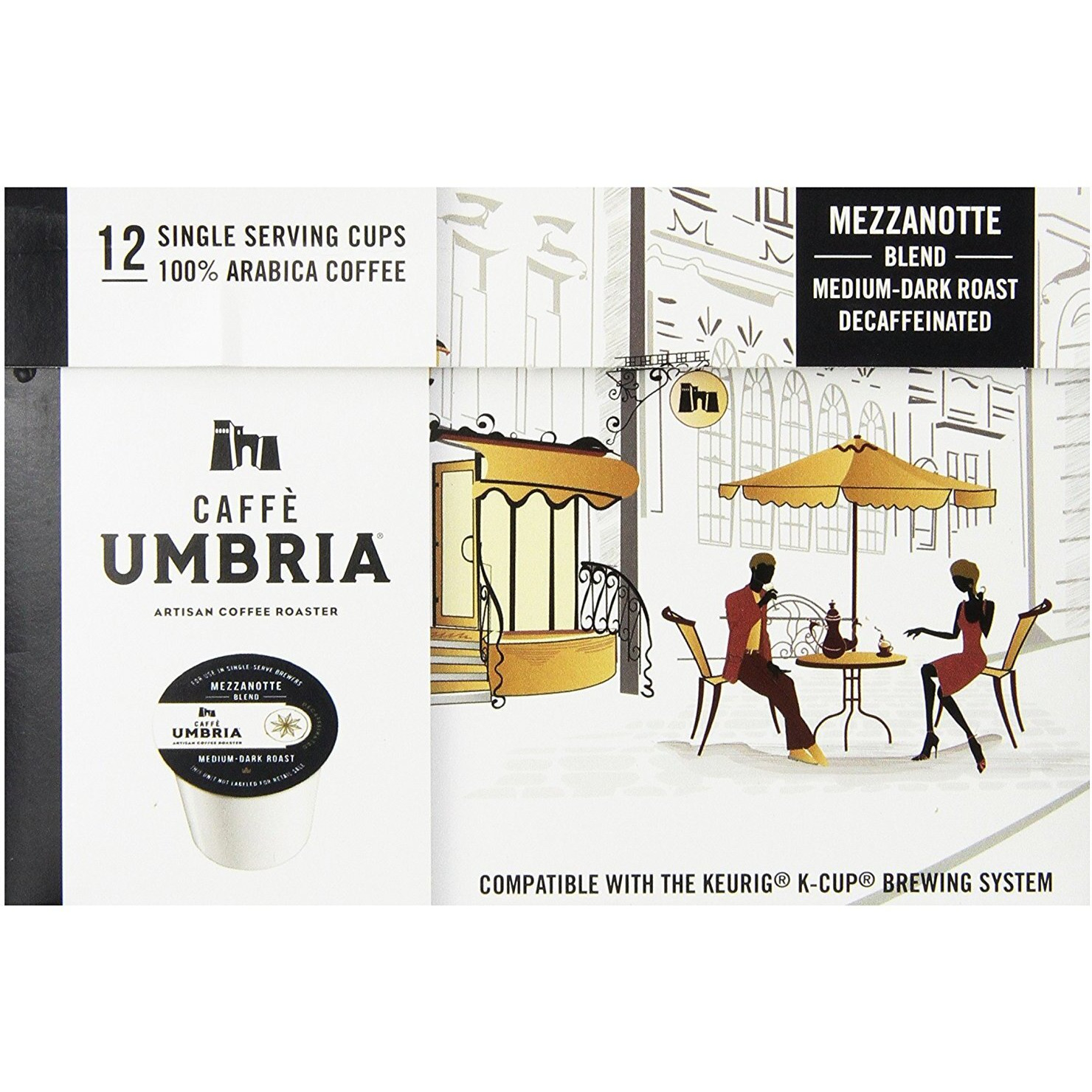 Caffe Umbria Single Serving Coffee Cups, Mezzanotte Decaf Blend, 12 Count