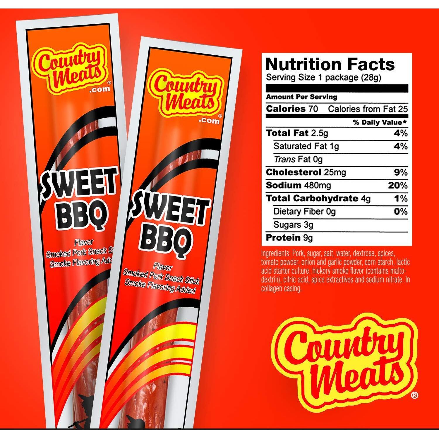 Country Meats, Meat Sticks, 0 Trans Fat, Usda Certified, Good Source Of Protein, Carb Conscious Snack (24 Meat Sticks, Sweet Bbq)