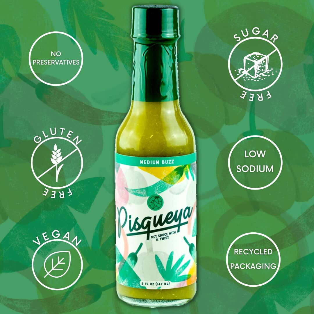 Pisqueya Hot Sauce - Gourmet Medium Buzz Hot Sauce With Jalapeo Peppers - Plant Based, No Sugar, Gluten Free, Low Sodium - You Can Really Taste The Peppers - 5 Oz.
