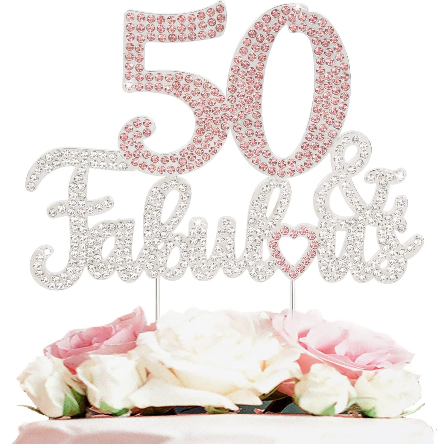 Laskyer 50 & Fabulous Silver Pink Rhinestone Cake Topper - Happy 50Th Birthday Cheers To Fifty Years Old Bday Party Metal Sparkly Food Centerpieces Topper Decorations Keepsake.