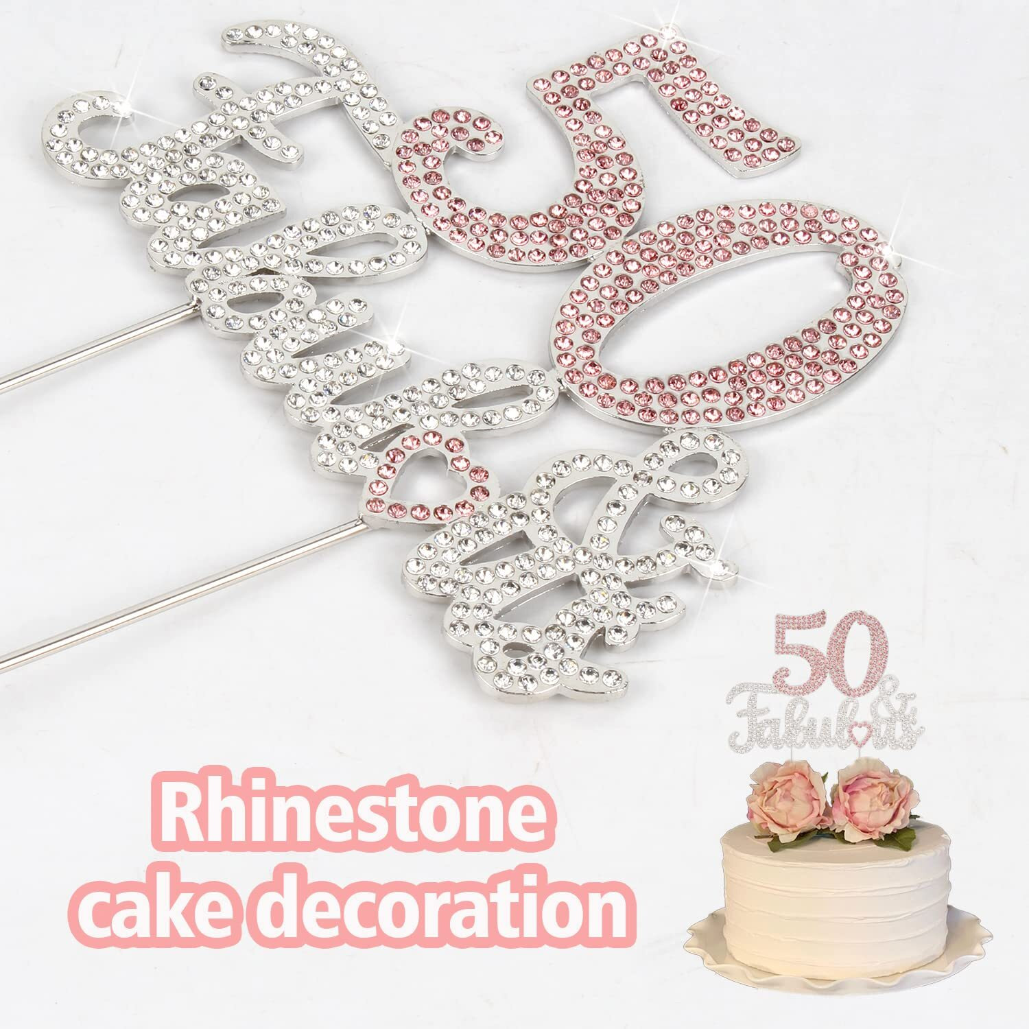 Laskyer 50 & Fabulous Silver Pink Rhinestone Cake Topper - Happy 50Th Birthday Cheers To Fifty Years Old Bday Party Metal Sparkly Food Centerpieces Topper Decorations Keepsake.