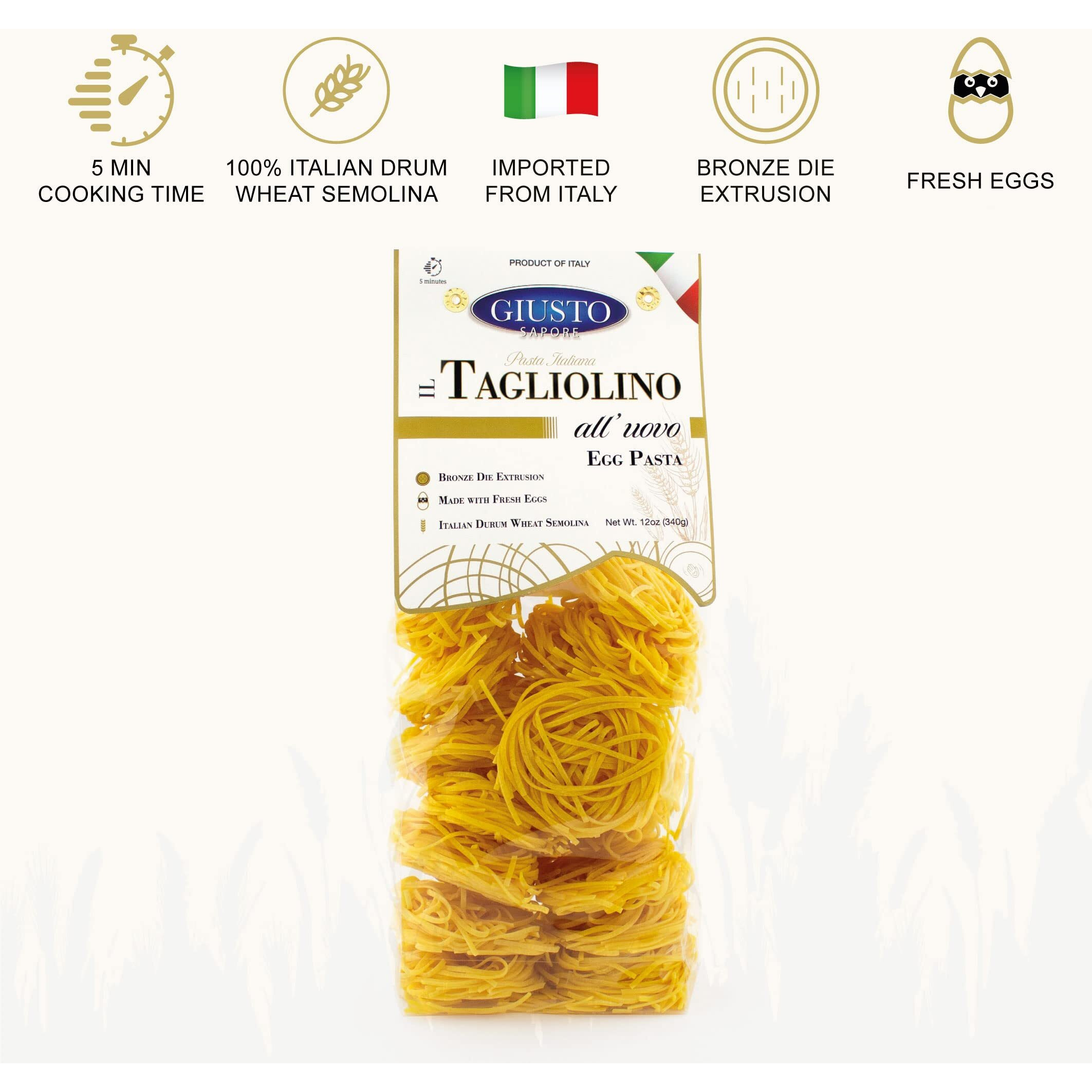 Giusto Sapore Classic Tagliolini All'Uovo Italian Egg Pasta Nest - 340G - Premium Bronze Drawn Durum Wheat Semolina Gourmet Pasta Noodles - Imported From Italy And Family Owned (Tagliolino, 1 Pack)