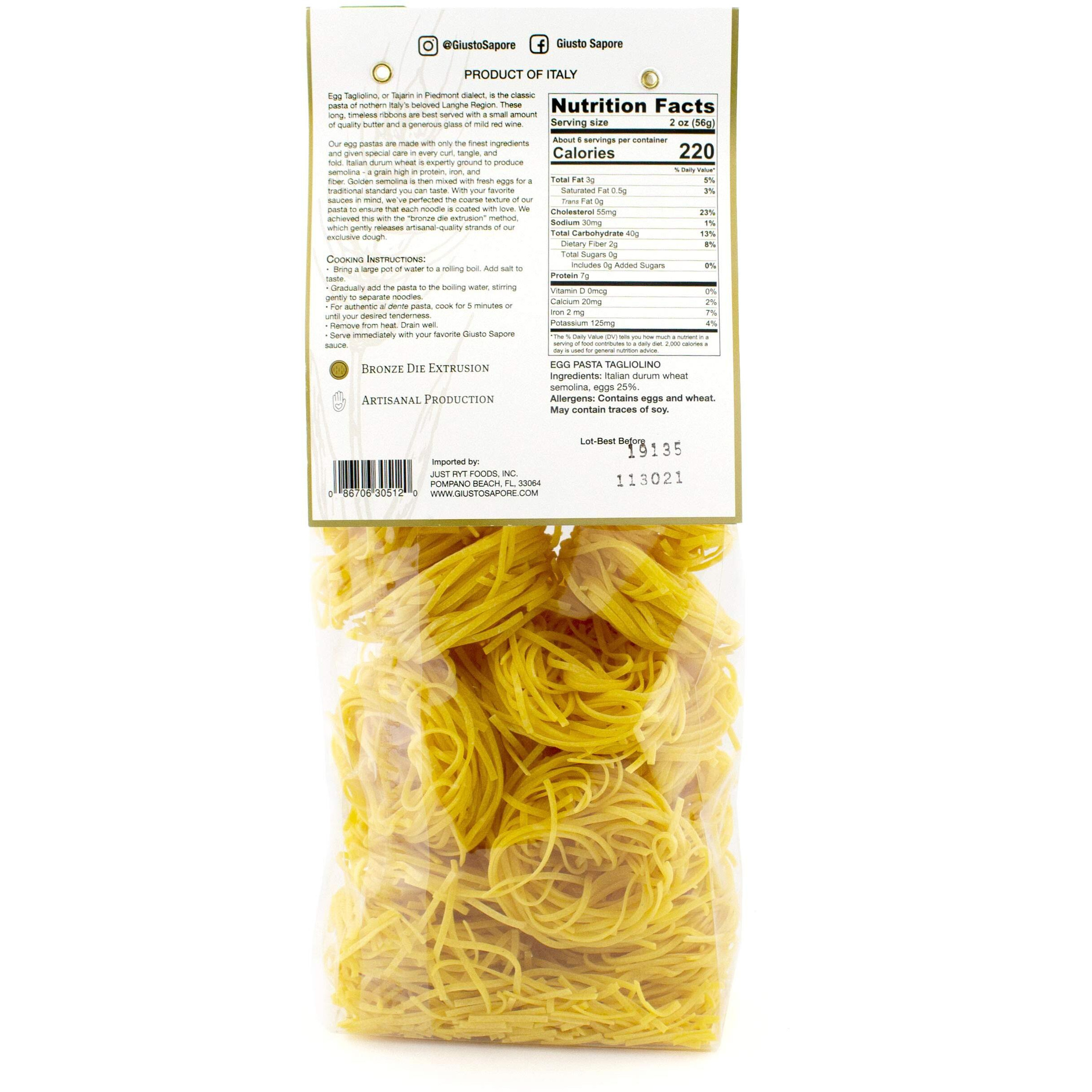 Giusto Sapore Classic Tagliolini All'Uovo Italian Egg Pasta Nest - 340G - Premium Bronze Drawn Durum Wheat Semolina Gourmet Pasta Noodles - Imported From Italy And Family Owned (Tagliolino, 1 Pack)