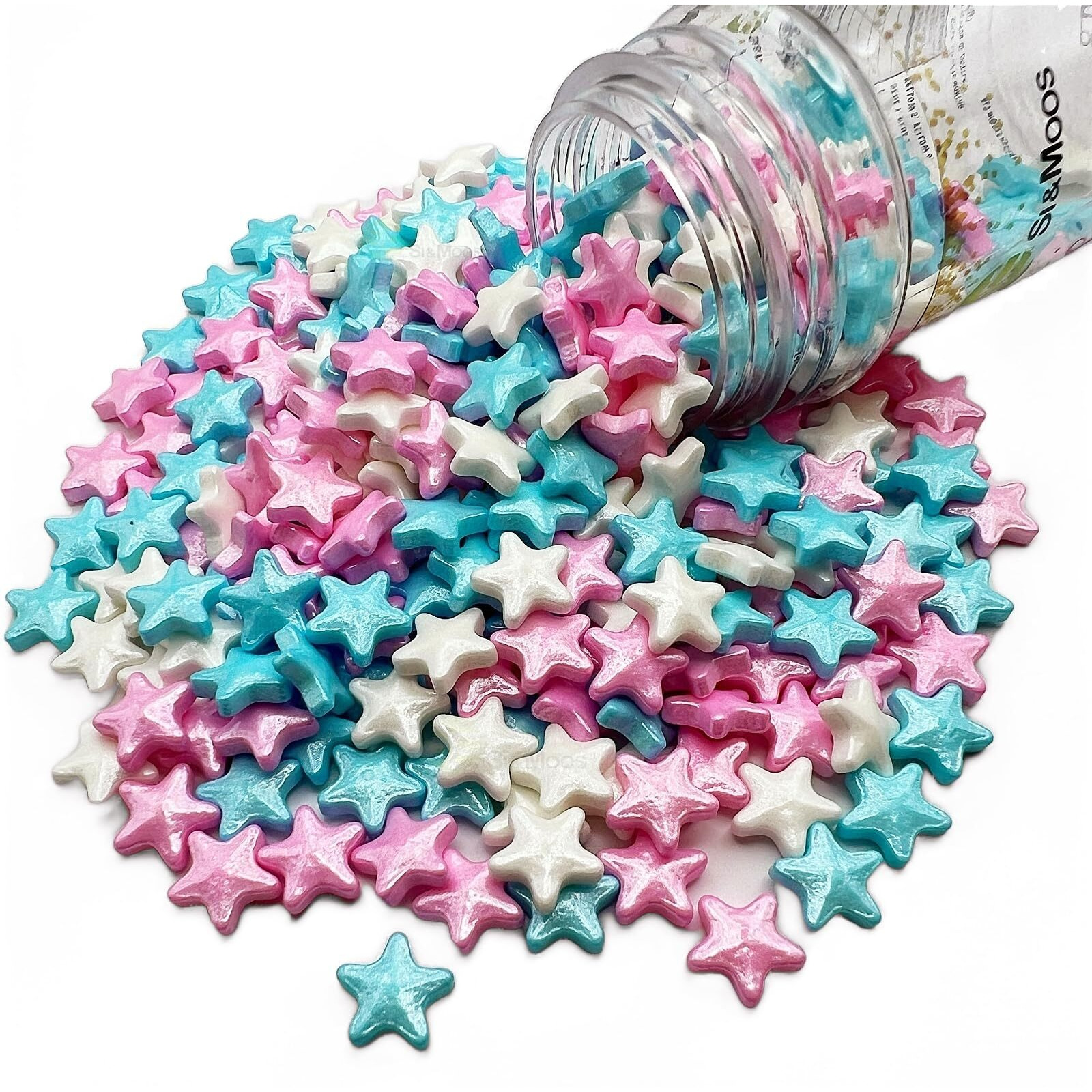 Se Si&Moos Blue White And Pink Sprinkles Edible Stars For Cake Decorating Edible Pink Stars White Star Sprinkles Large Cupcake Edible Toppers For Cakes,Cupcakes,Ice Cream,Donuts And Lollipops 3 Oz