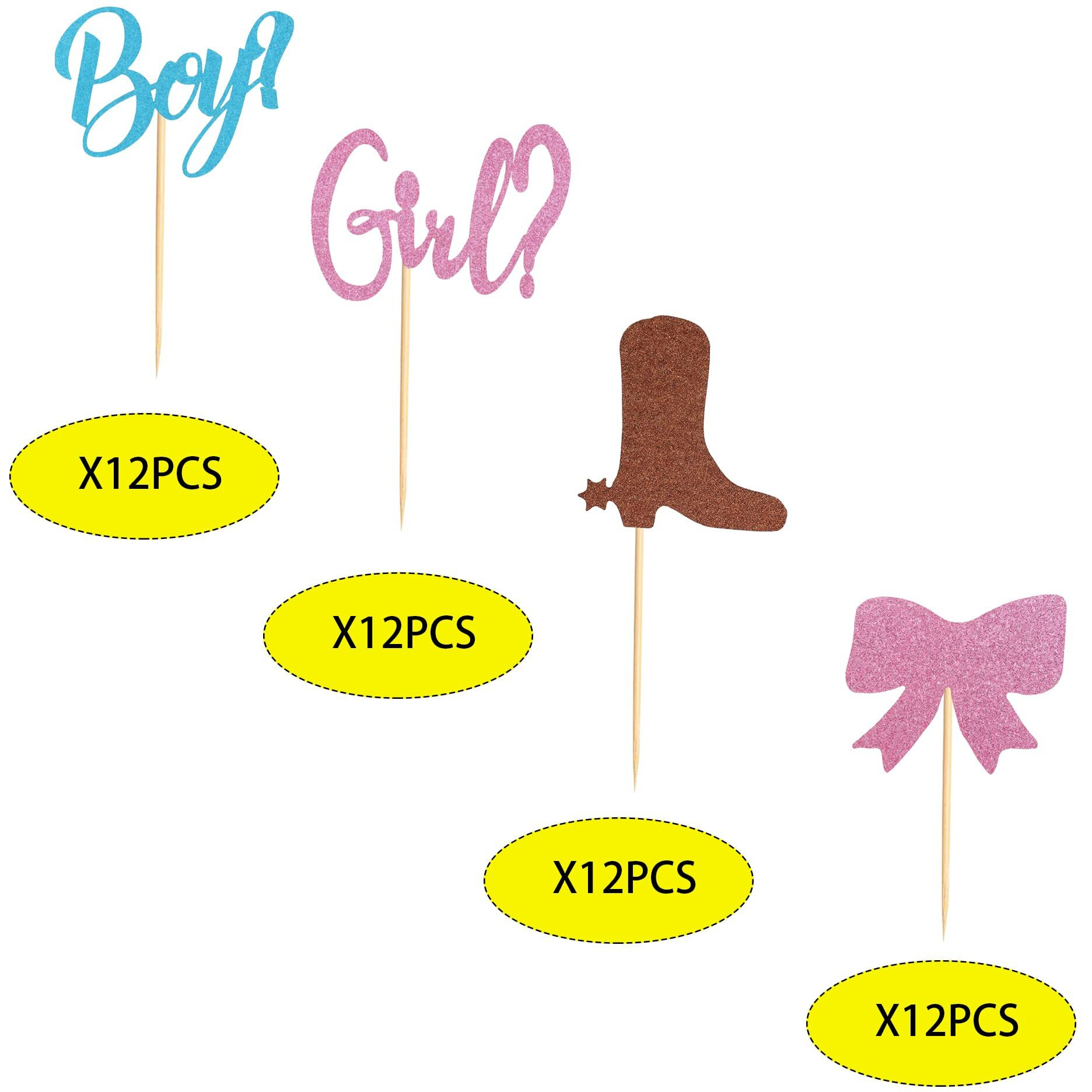 Arthsdite 48Pcs Boy Or Girl Cupcake Toppers Boots Or Bows Gender Reveal Cupcake Picks Baby Shower Cake Topper Decorations For Kids Birthday Party Cake Decorations Supplies