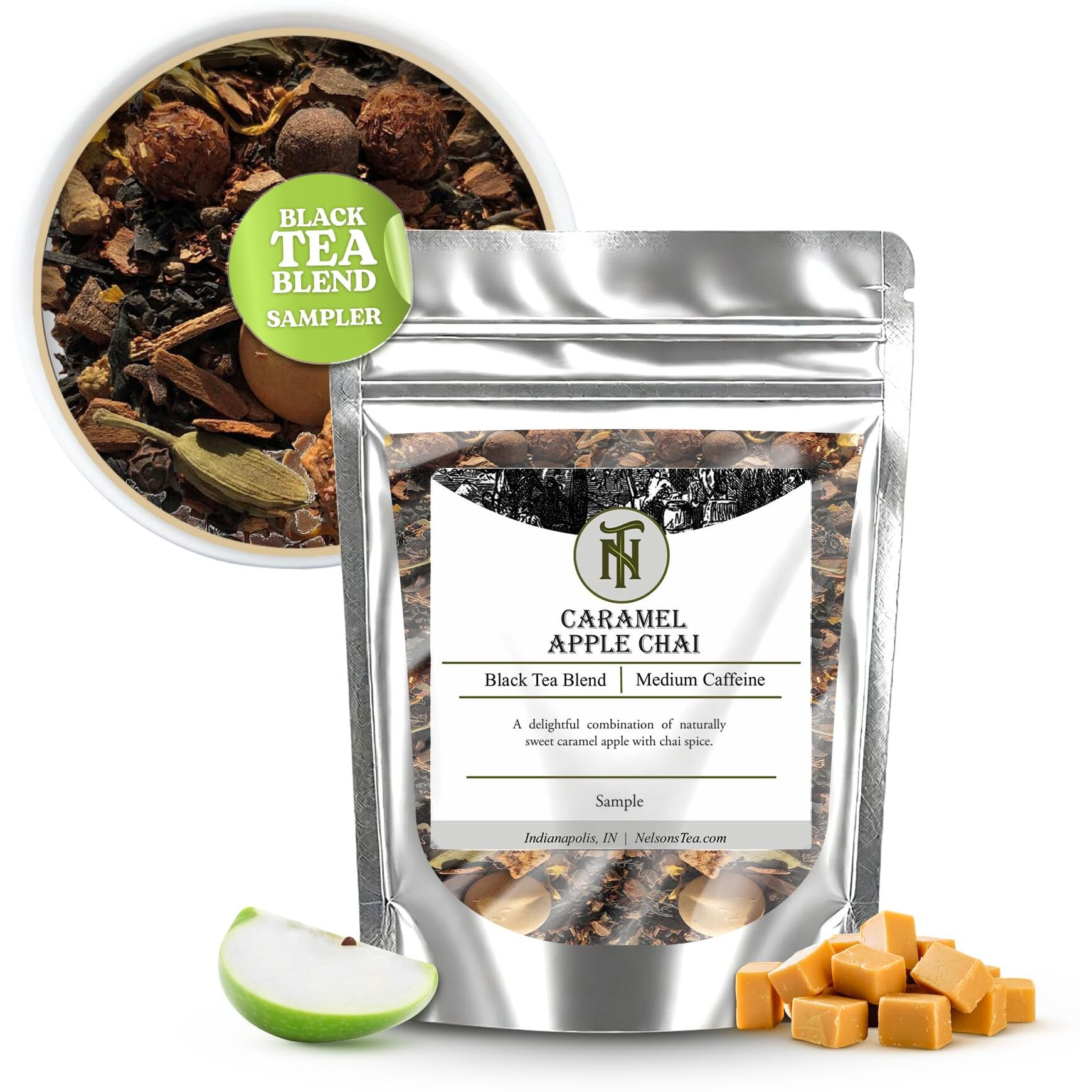 Nelson's Tea Caramel Apple Chai Tea Loose Leaf - Cut & Sifted Red Rooibos Loose Leaf Tea, Black Tea With Cinnamon Chips, Peppercorn, Ginger Root, Cardamom, Clove, Orange Peel And All Spice (Sample)