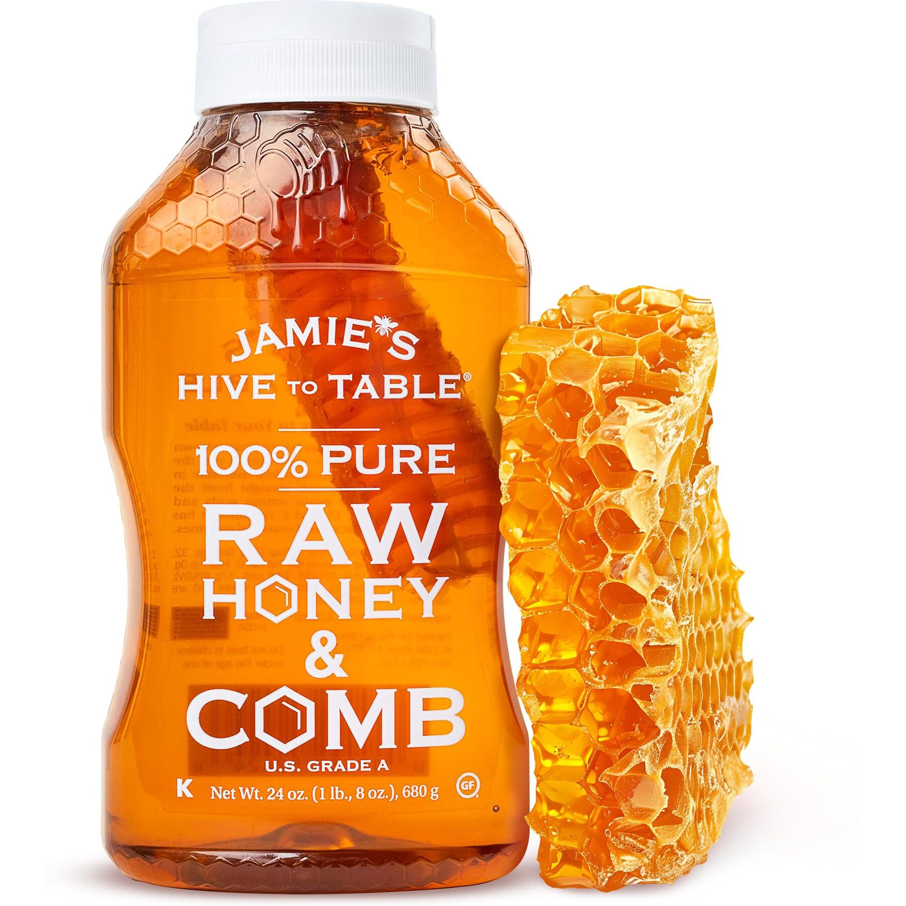 Jamies Hive To Table 100% Pure Honey With Honeycomb, 24 Oz - Usa Made Raw & Unfiltered Honey - Fresh Edible Honeycomb - All-Natural Sweetener - Rich Flavor Profile, Packed With Nutrients