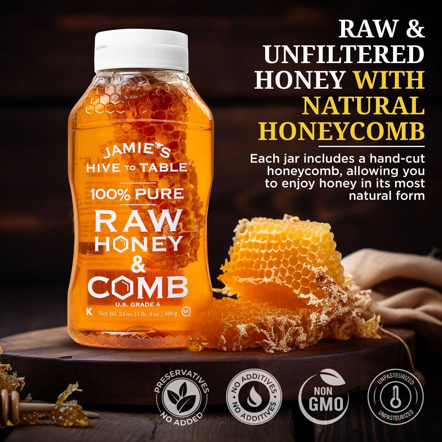Jamies Hive To Table 100% Pure Honey With Honeycomb, 24 Oz - Usa Made Raw & Unfiltered Honey - Fresh Edible Honeycomb - All-Natural Sweetener - Rich Flavor Profile, Packed With Nutrients