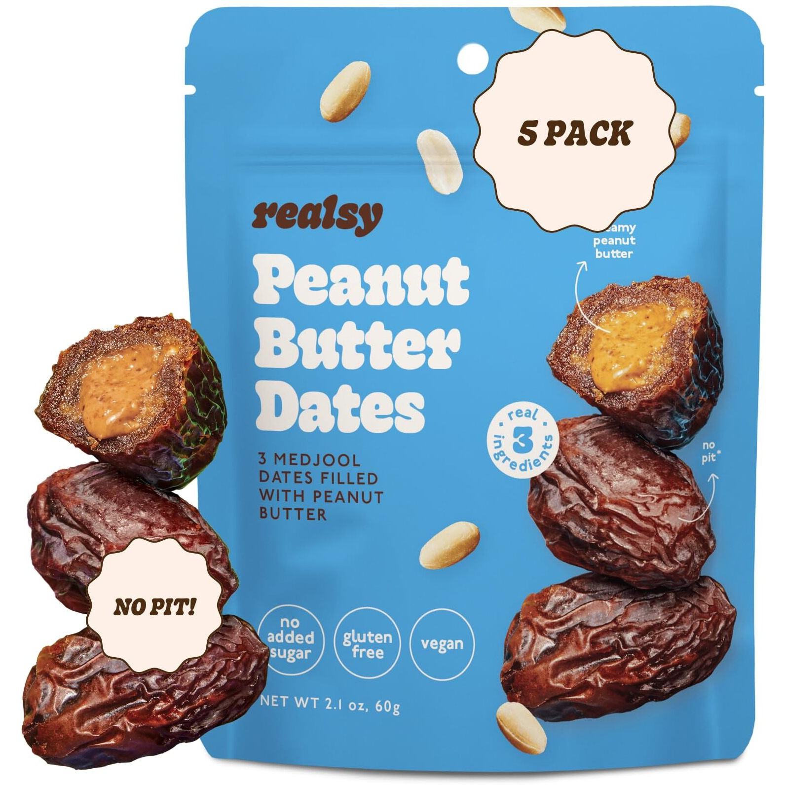 Realsy Pitted & Stuffed Medjool Dates, Organic Dates With No Sugar Added, Gluten-Free, Vegan, Good Source Of Fiber, Low Glycemic Index, All Natural Healthy Snack (Peanut Butter 5 Pack)