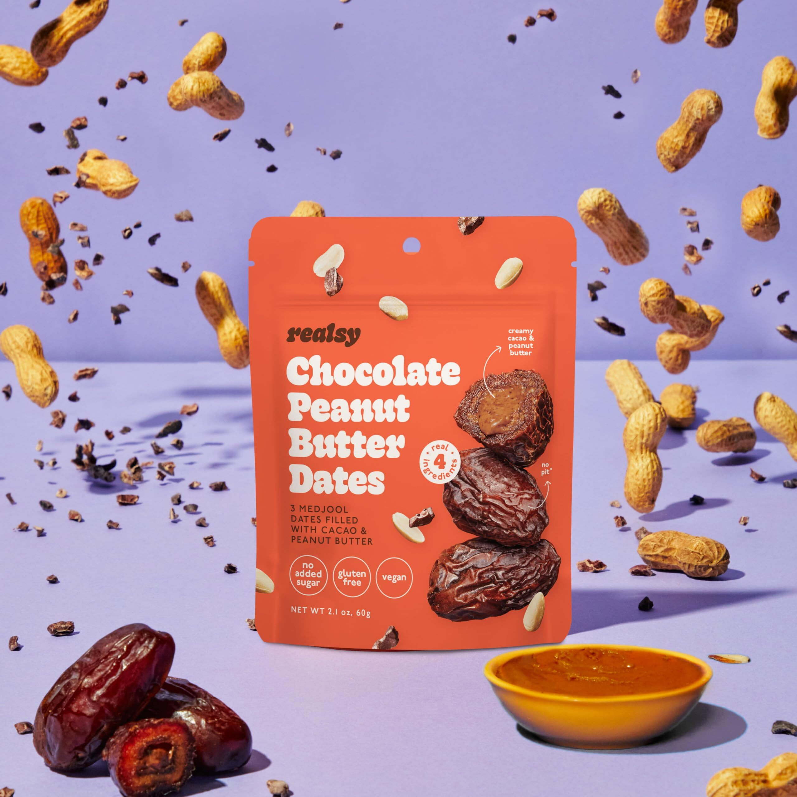 Realsy Pitted & Stuffed Medjool Dates, Organic Dates With No Sugar Added, Gluten-Free, Vegan, Good Source Of Fiber, Low Glycemic Index, All Natural Healthy Snack (Peanut Butter Chocolate 5 Pack)
