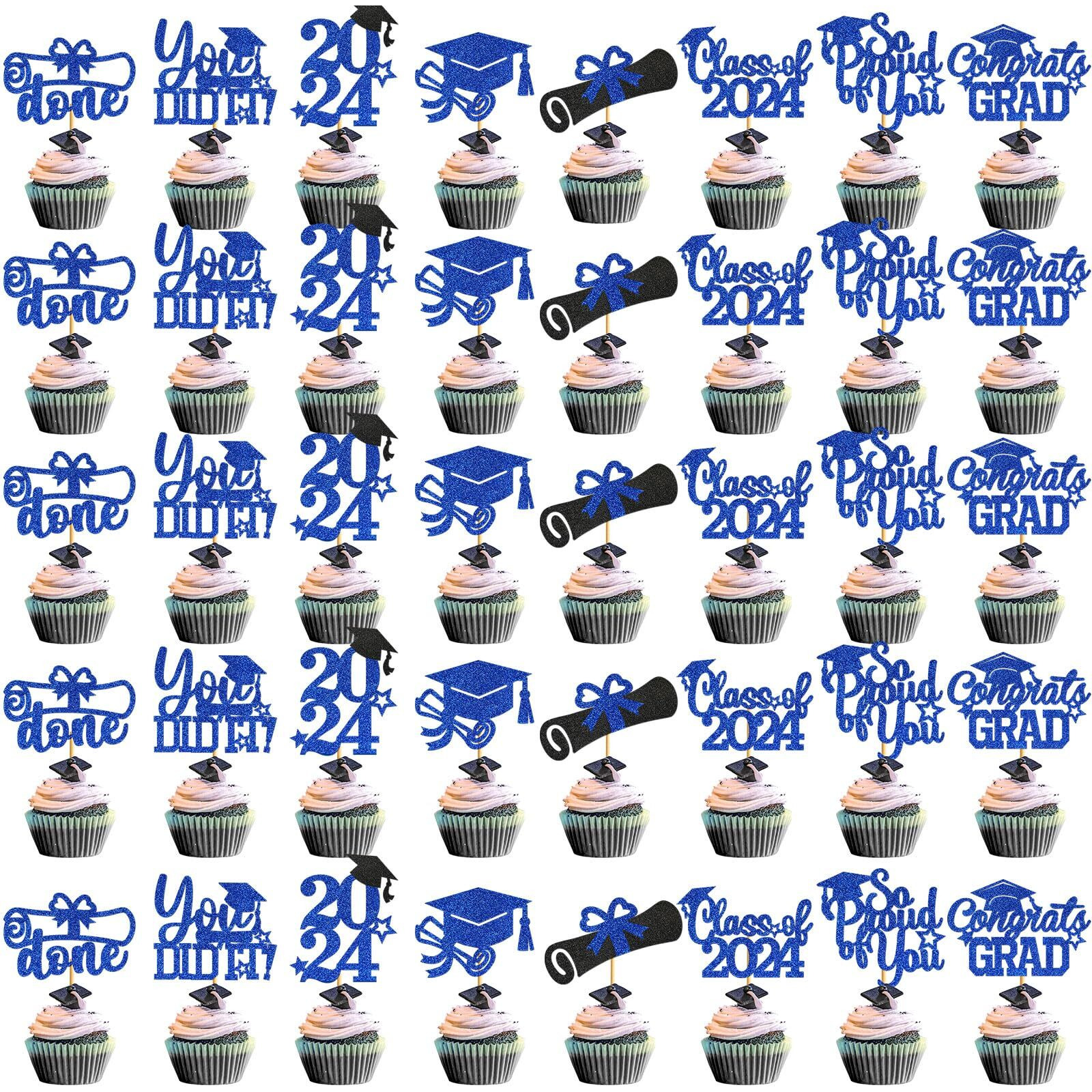 Ttdq 40Pcs Blue Graduation Cupcake Toppers 2024 Graduation Decorations Class Of 2024 Cupcake Toppers 2024 Congrats Grad Cap Cupcake Picks Graduation Party Decorations 2024