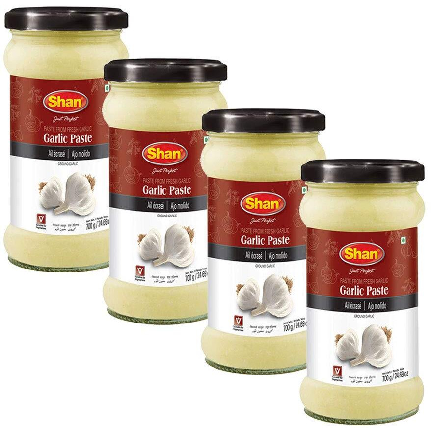 Shan Garlic Paste 24.69 Oz (700G) - Traditional Taste Enhancing Cooking Paste From Fresh Ground Garlic - Suitable For Vegetarians - Airtight Glass Jar (Pack Of 4)