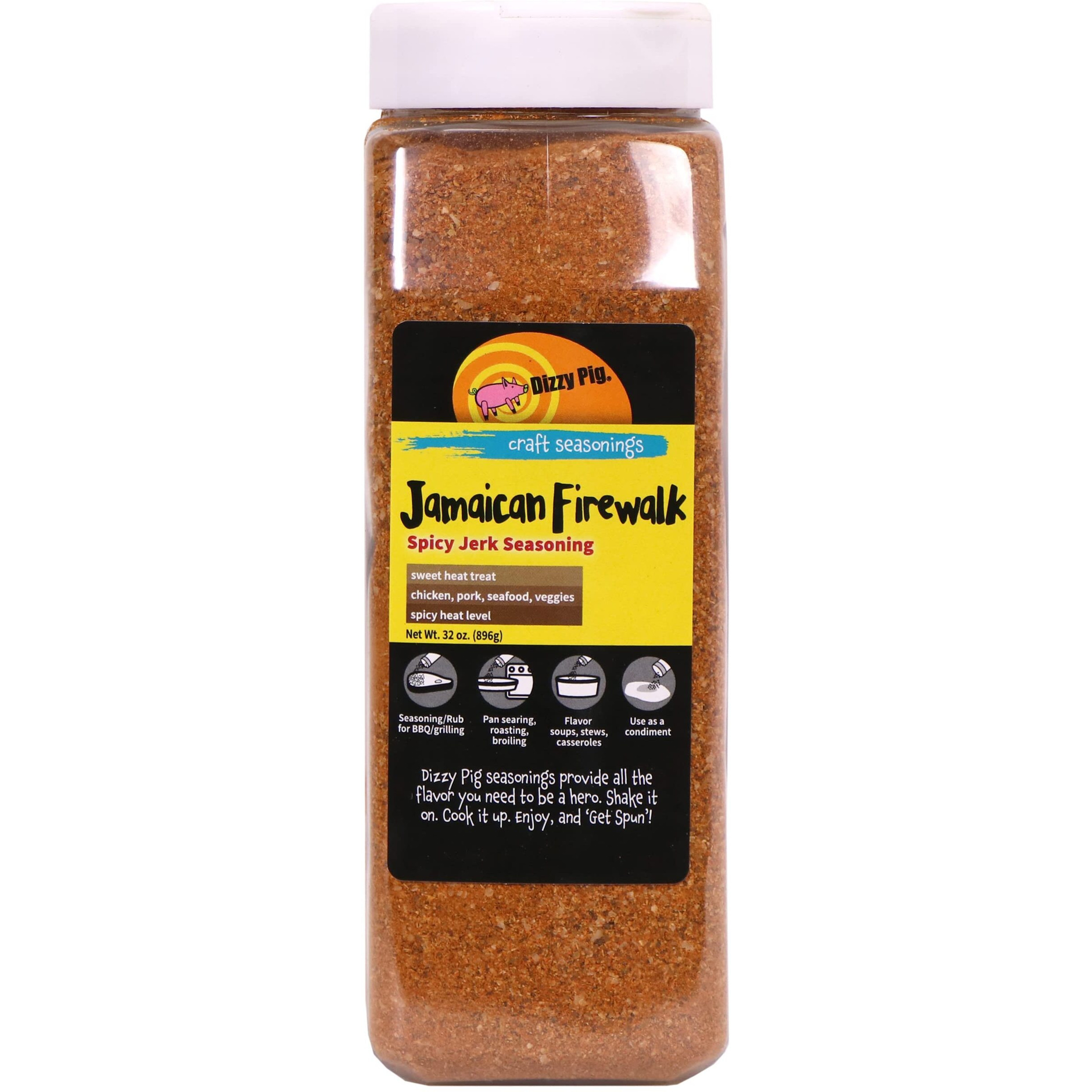 Dizzy Pig Jamaican Firewalk Spicy Jerk Seasoning Rub (Quart Shaker) - Seasons Around 120Lbs Of Food - Hand Made In The Usa - Msg Free, Gluten Free