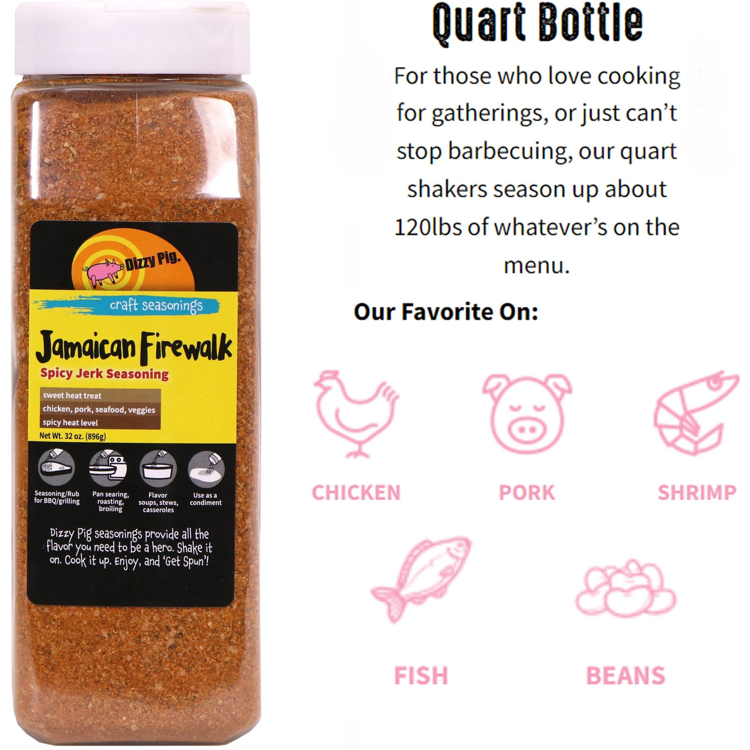 Dizzy Pig Jamaican Firewalk Spicy Jerk Seasoning Rub (Quart Shaker) - Seasons Around 120Lbs Of Food - Hand Made In The Usa - Msg Free, Gluten Free