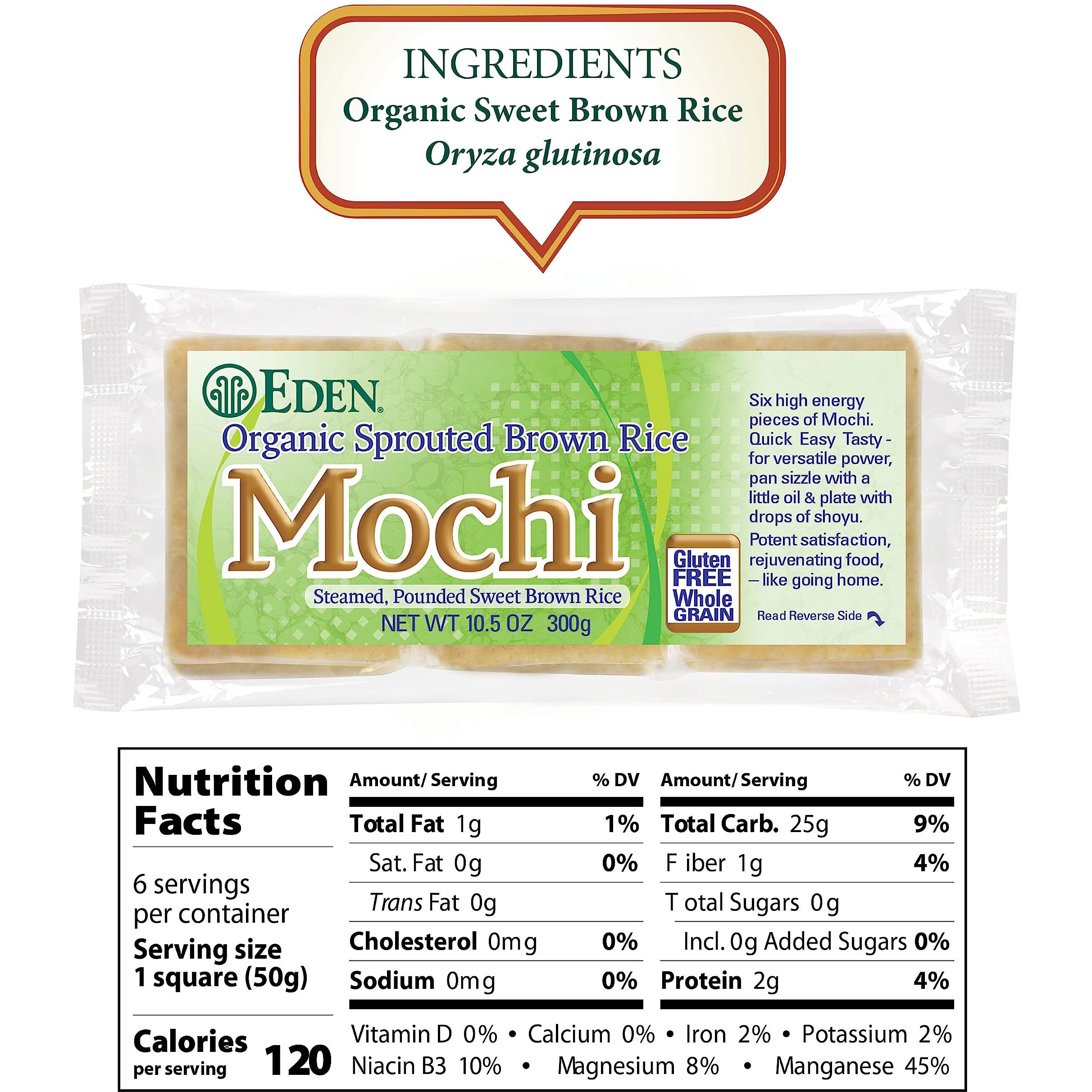 Eden Organic Sprouted Brown Rice Mochi, 100% Sprouted Whole Grain, Traditionally Made In Japan, 10.5 Oz
