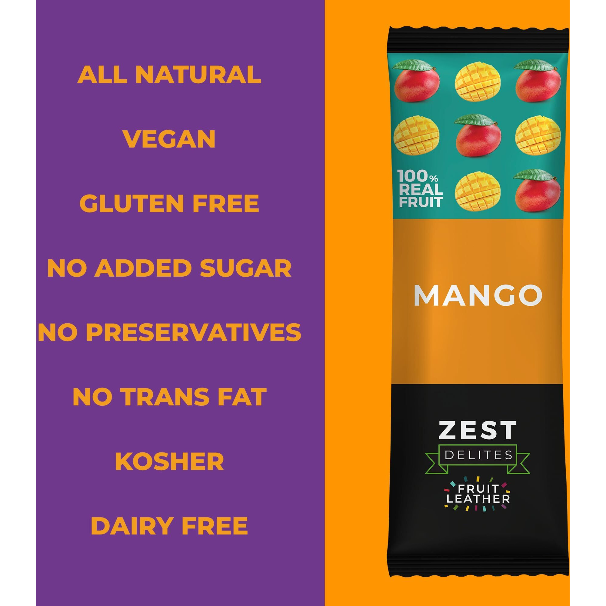 Fruit Snacks By Zest Delites, Fruit Leather, Mango Fruit Bars, Healthy Snacks For Adults, Dried Fruit No Sugar Added, Apple-Based, Mango, 0.88 Oz X 10