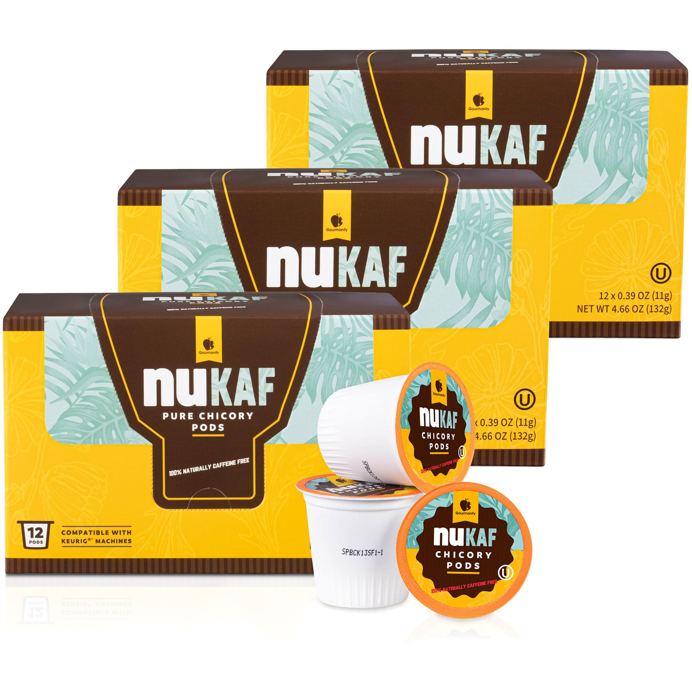 Nukaf Chicory K Cups | Kosher Chicory Root K Pods For Your Keurig | 100% Caffeine Free | K Cups Coffee Alternative By Gourmanity [3 Boxes Of 12 Pods Each | 36 Total Pods]