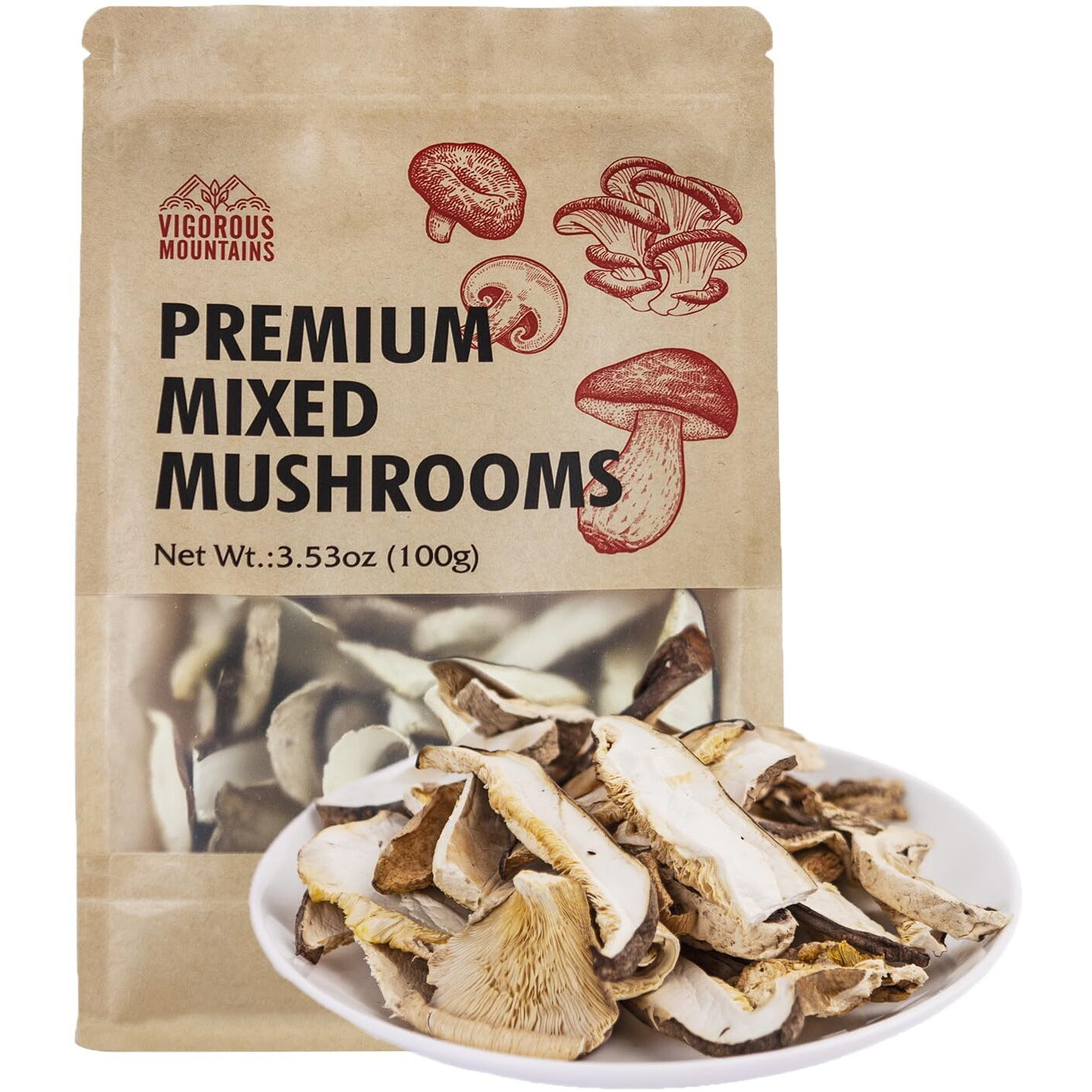 Vigorous Mountains Dried Mixed Mushrooms Blend For Cooking - Porcini Shiitake Oyster & Champignon - 3.53Oz (100G) - Soft Texture Bold Flavor & Vegan - Ideal For Cooking