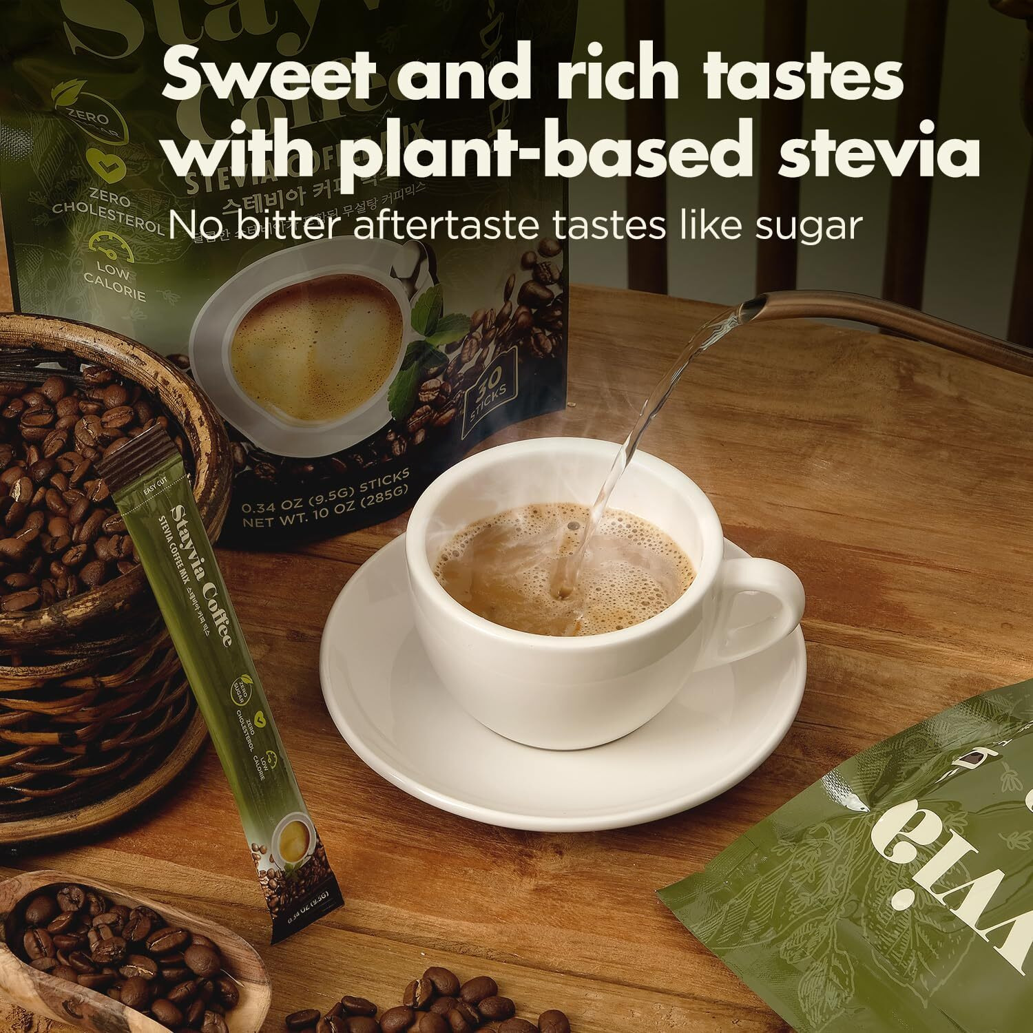 Stayvia Coffee Stevia Instant Coffee Packets - Korean Instant Latte With Sugar-Free & Low Calories - 30 Sticks (0.33Oz) - Plant-Based Sweetener - Enjoy Caffeine Hot & Cold At Office, Home & Travel