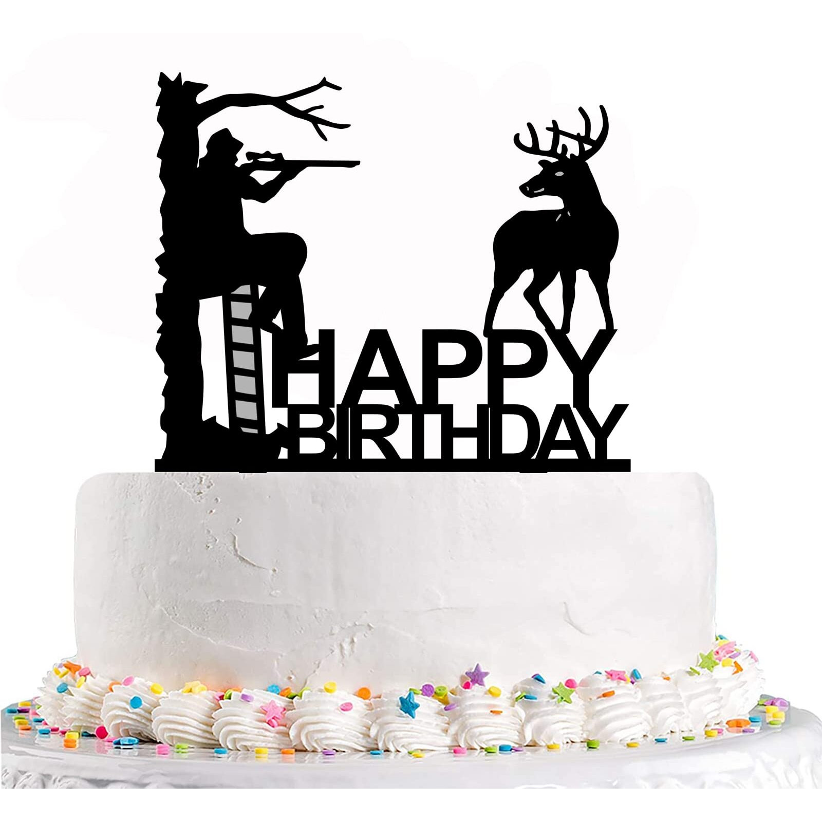 Ximoogoooz Hunting Birthday Cake Topper - Hunter In Tree Stand Aiming The Deer - Camping Themed Deer Hunter Cake Topper For Men' Birthday Party Supplies (Deer Hunter)