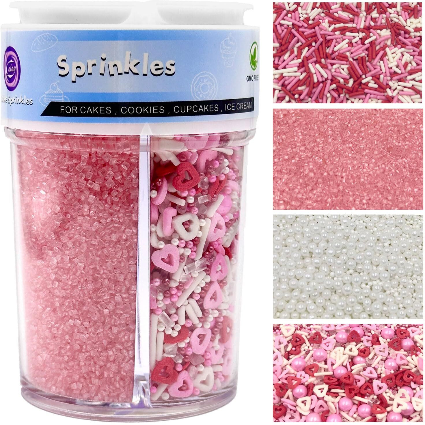 Sprinkles For Cake Decorating, Pink Heart Jimmies Frosting And Pearl Sprinkles Mix For Valentines Cookie Ice Cream Baking Cupcake Topping