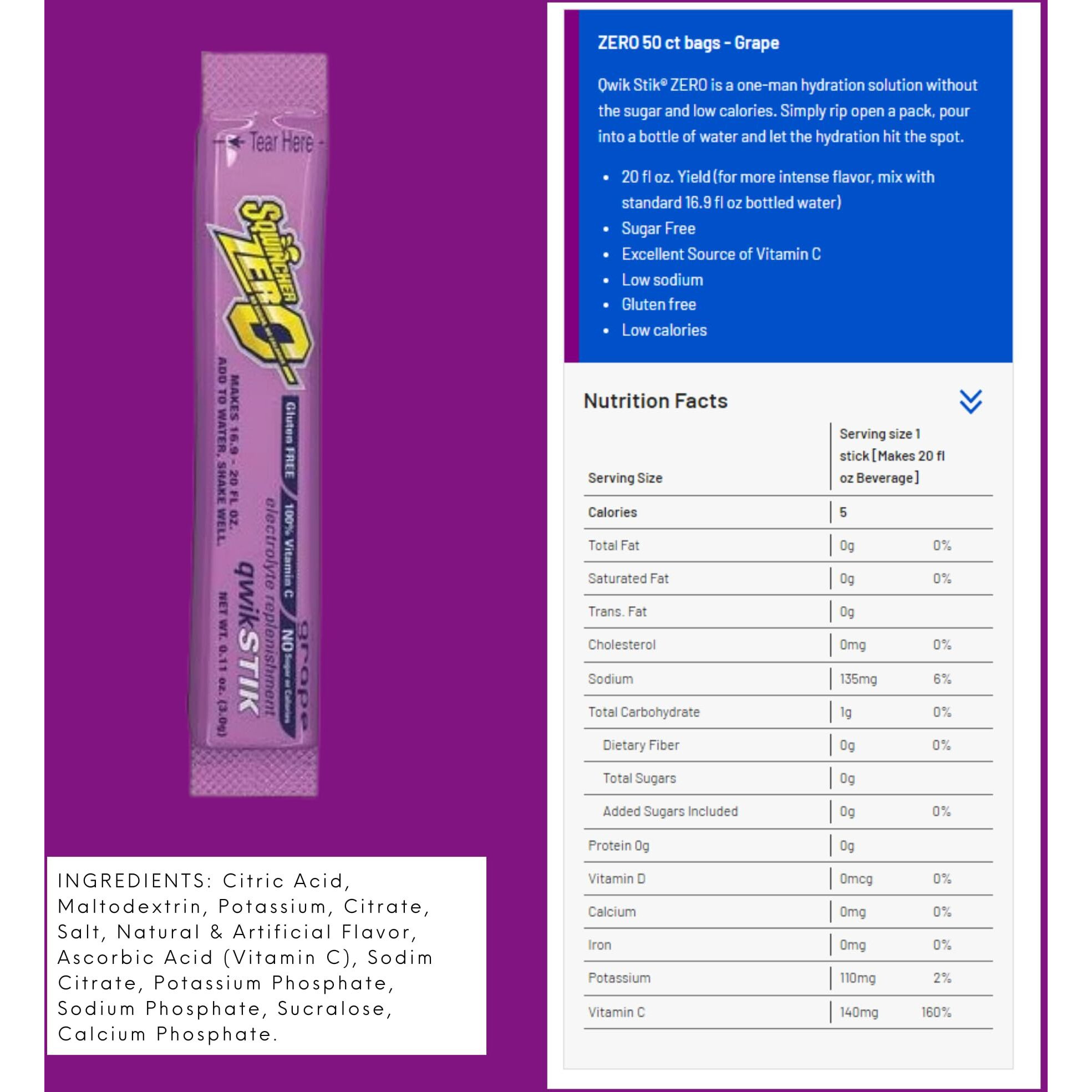 Sqwincher Zero Qwik Stik - Sugar Free Electrolyte Powdered Beverage Mix, 50 Count Bag, 2 Pack (100 Sticks Total) (Grape)