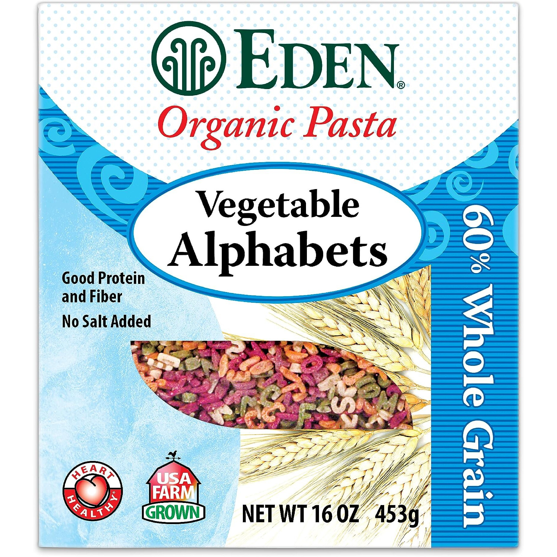 Eden Organic Vegetable Alphabets Pasta, 60% Whole Grain Durum Flour, 40% Golden Amber Durum Wheat Semolina, 16 Oz Box