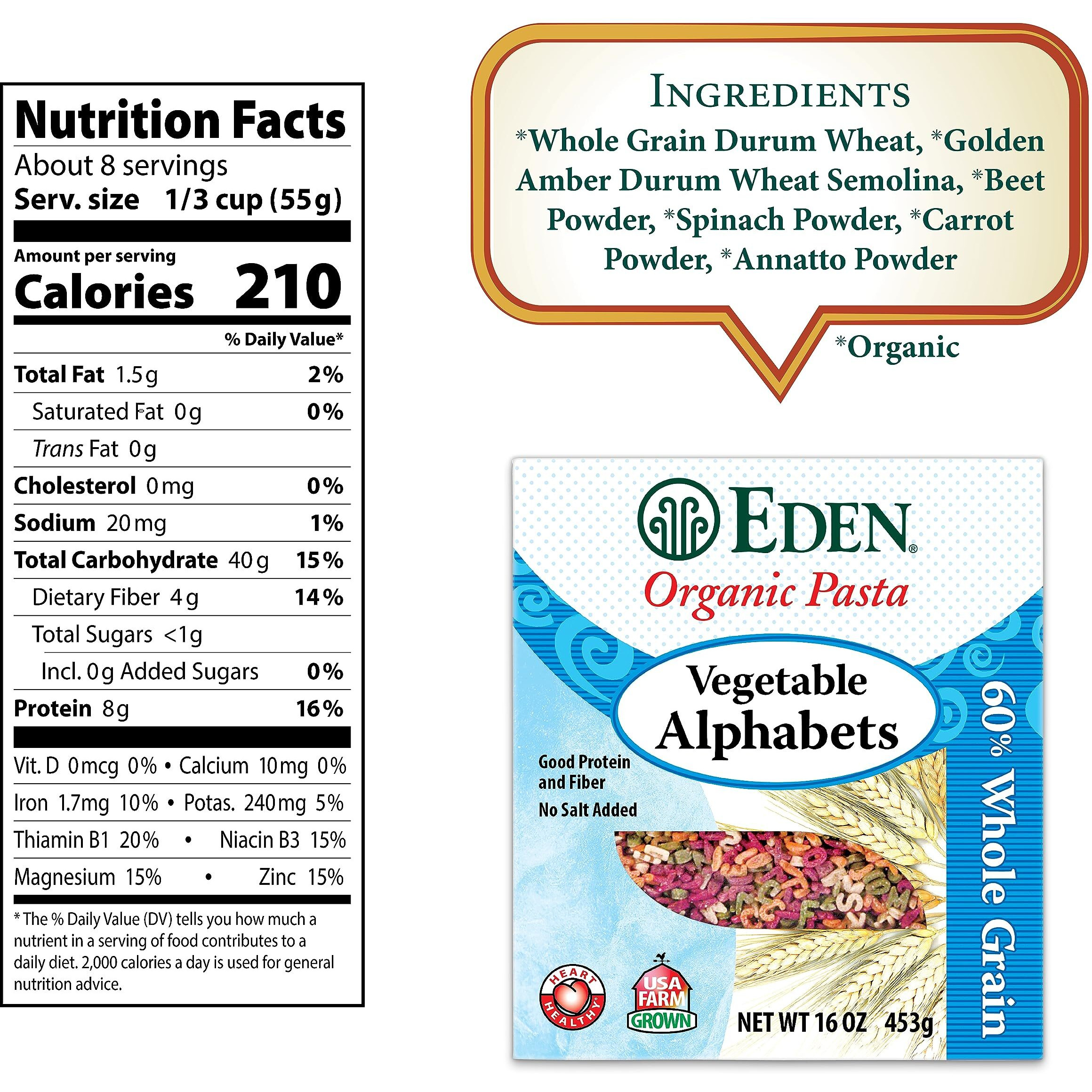 Eden Organic Vegetable Alphabets Pasta, 60% Whole Grain Durum Flour, 40% Golden Amber Durum Wheat Semolina, 16 Oz Box