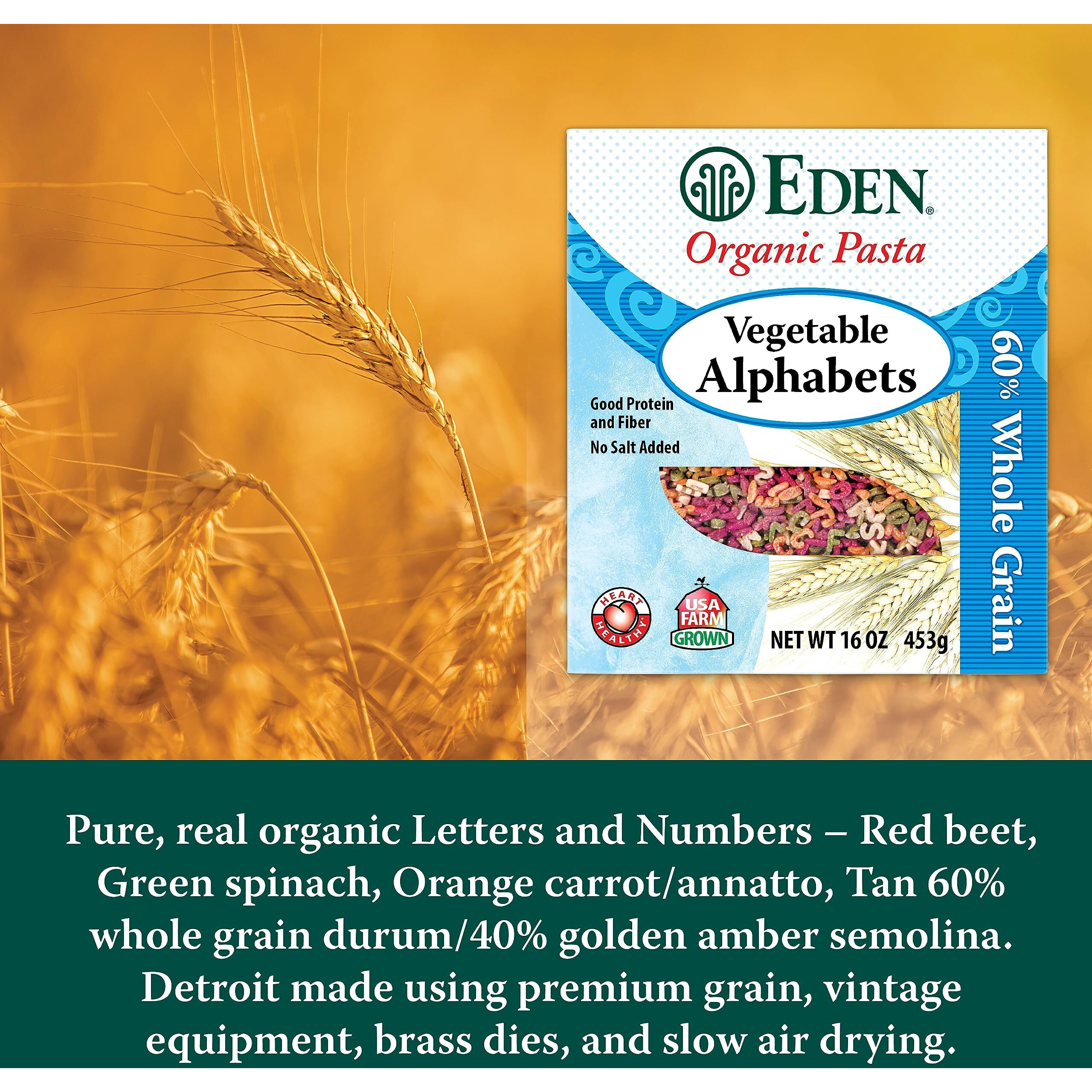 Eden Organic Vegetable Alphabets Pasta, 60% Whole Grain Durum Flour, 40% Golden Amber Durum Wheat Semolina, 16 Oz Box