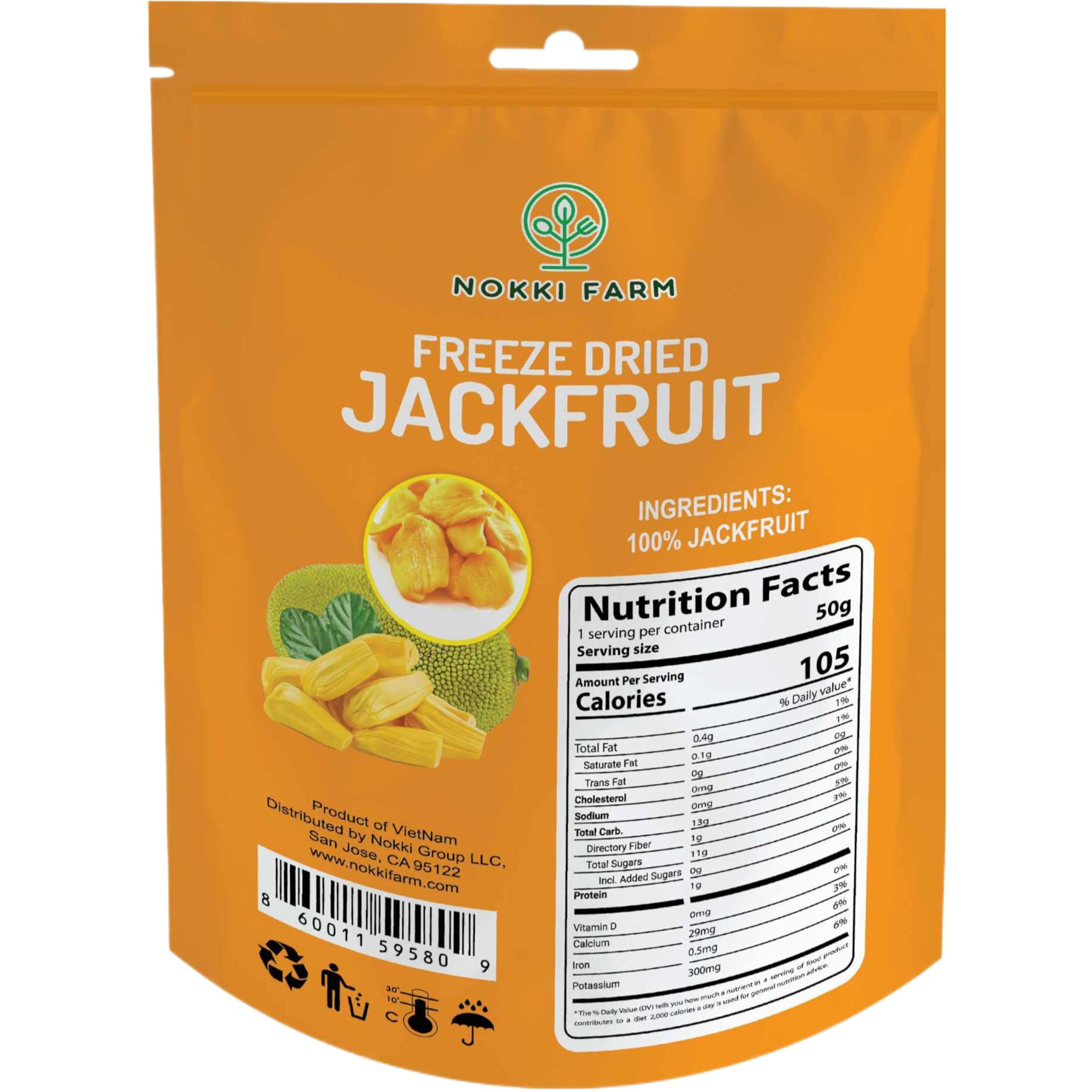 (Pack Of 3) Nokki Farm Freeze Dried Jackfruit Chips | Dried Fruit Snacks | Unsweetened Dried Jackfruit Chips | Gluten Free Healthy Snacks | Vegan, Non Gmo | 50G