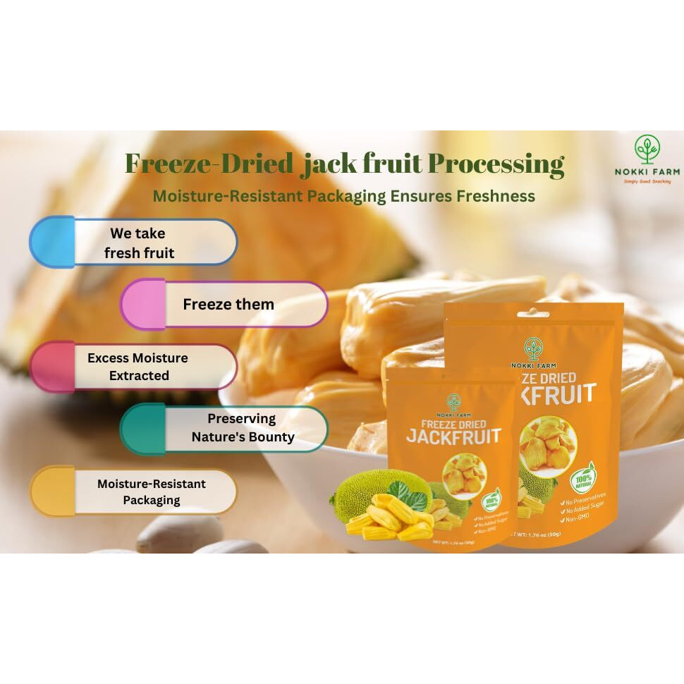 (Pack Of 3) Nokki Farm Freeze Dried Jackfruit Chips | Dried Fruit Snacks | Unsweetened Dried Jackfruit Chips | Gluten Free Healthy Snacks | Vegan, Non Gmo | 50G