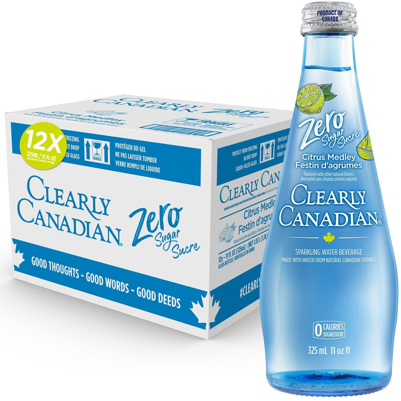Clearly Canadian Zero Sugar Citrus Medley Sparkling Water Beverage, Zero Sugar & Zero Calories, 1 Case (12 Bottles X 325Ml)