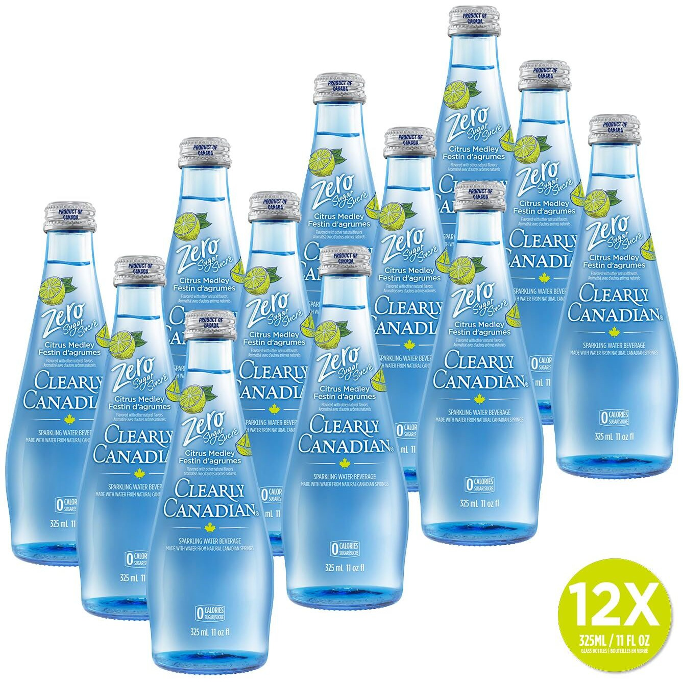 Clearly Canadian Zero Sugar Citrus Medley Sparkling Water Beverage, Zero Sugar & Zero Calories, 1 Case (12 Bottles X 325Ml)