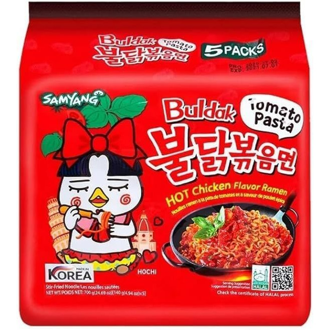 Samyang Buldak Hot Spicy Chicken Ramen Noodle Korean Stir-Fried Ramen, Tomato Pasta Flavor, 5 Pack For Each Flavor (10, Tomato)